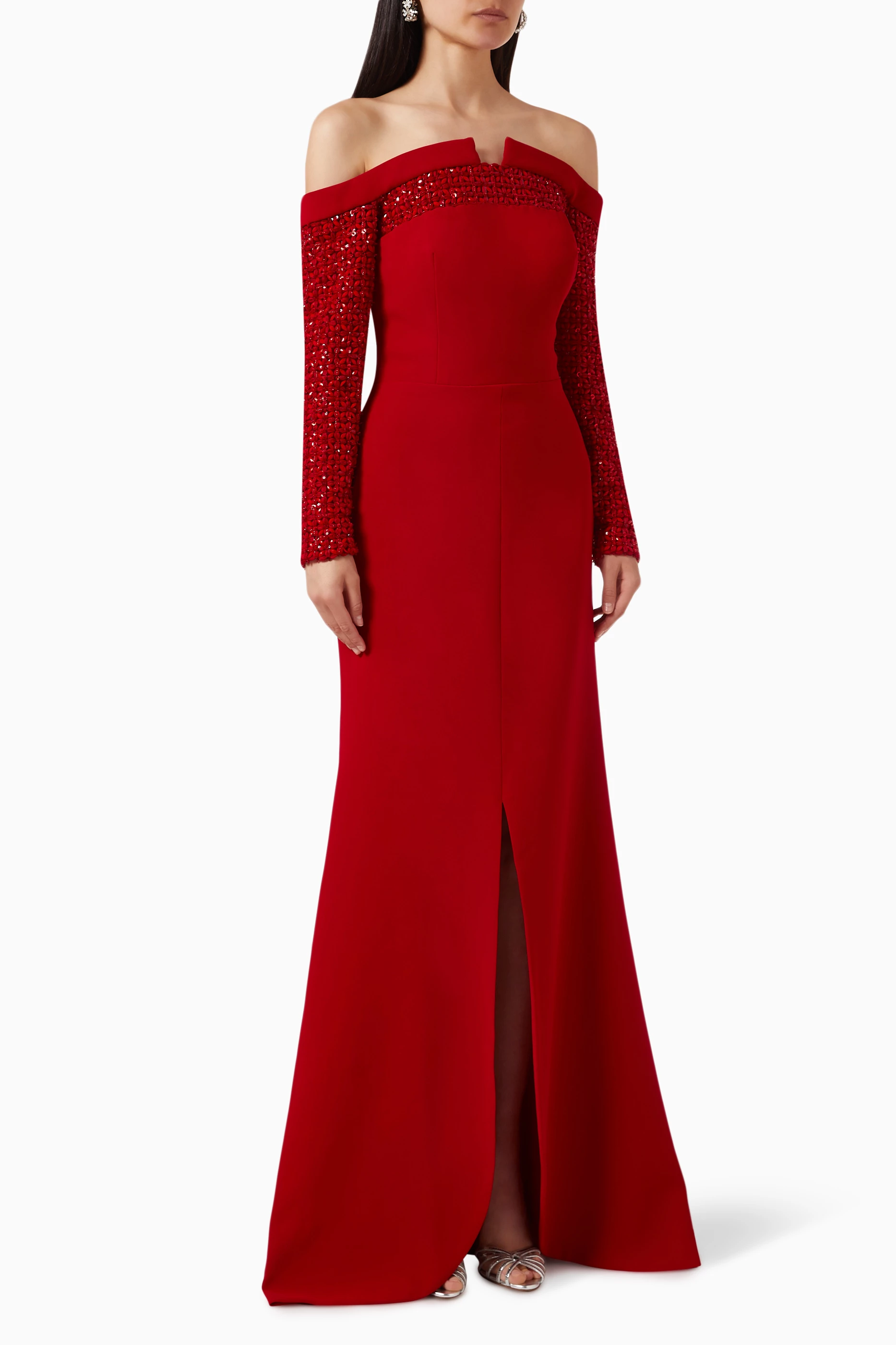 Buy Saiid Kobeisy Red Beaded Off-shoulder Maxi Dress in