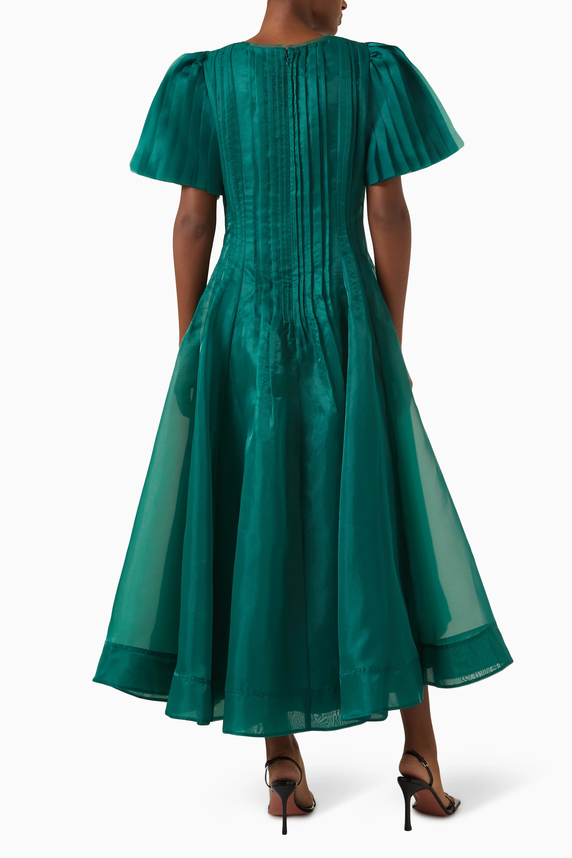 Buy Aje Green Nova Pleated Midi Dress in Organza For Women Online | Ounass  Saudi