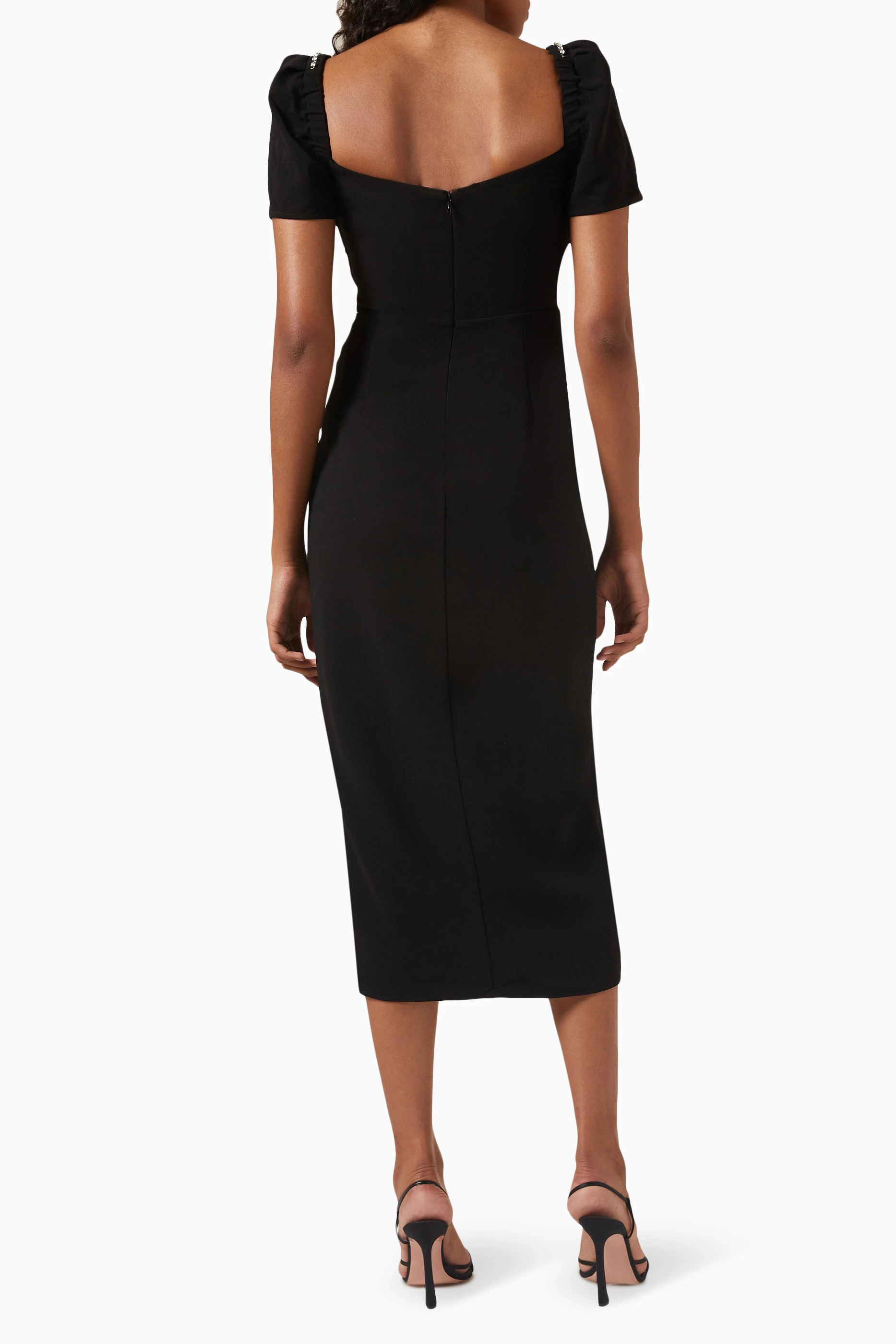 knee length dresses for ladies Diamante Embellished Neck A-Line Midi Dress - Black main image 1