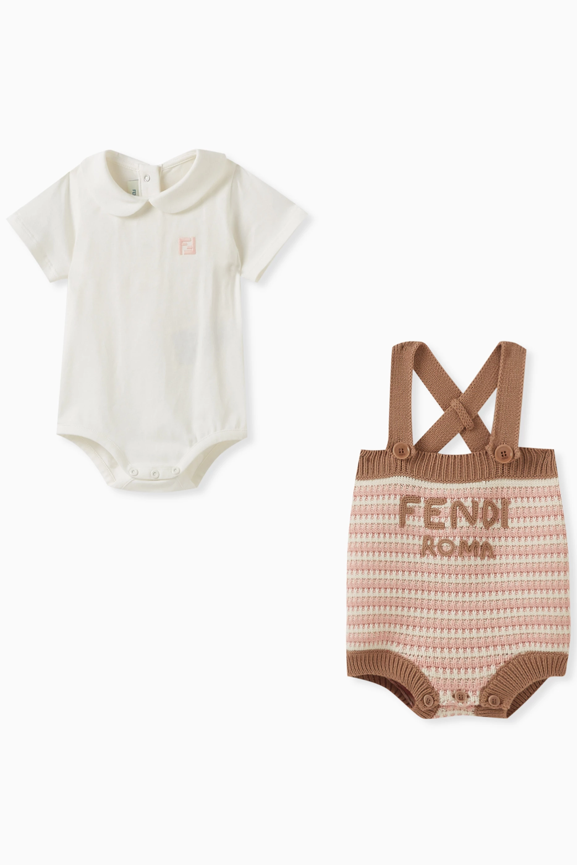 Buy Fendi Brown Logo Bodysuit Striped Crochet Overall Set in