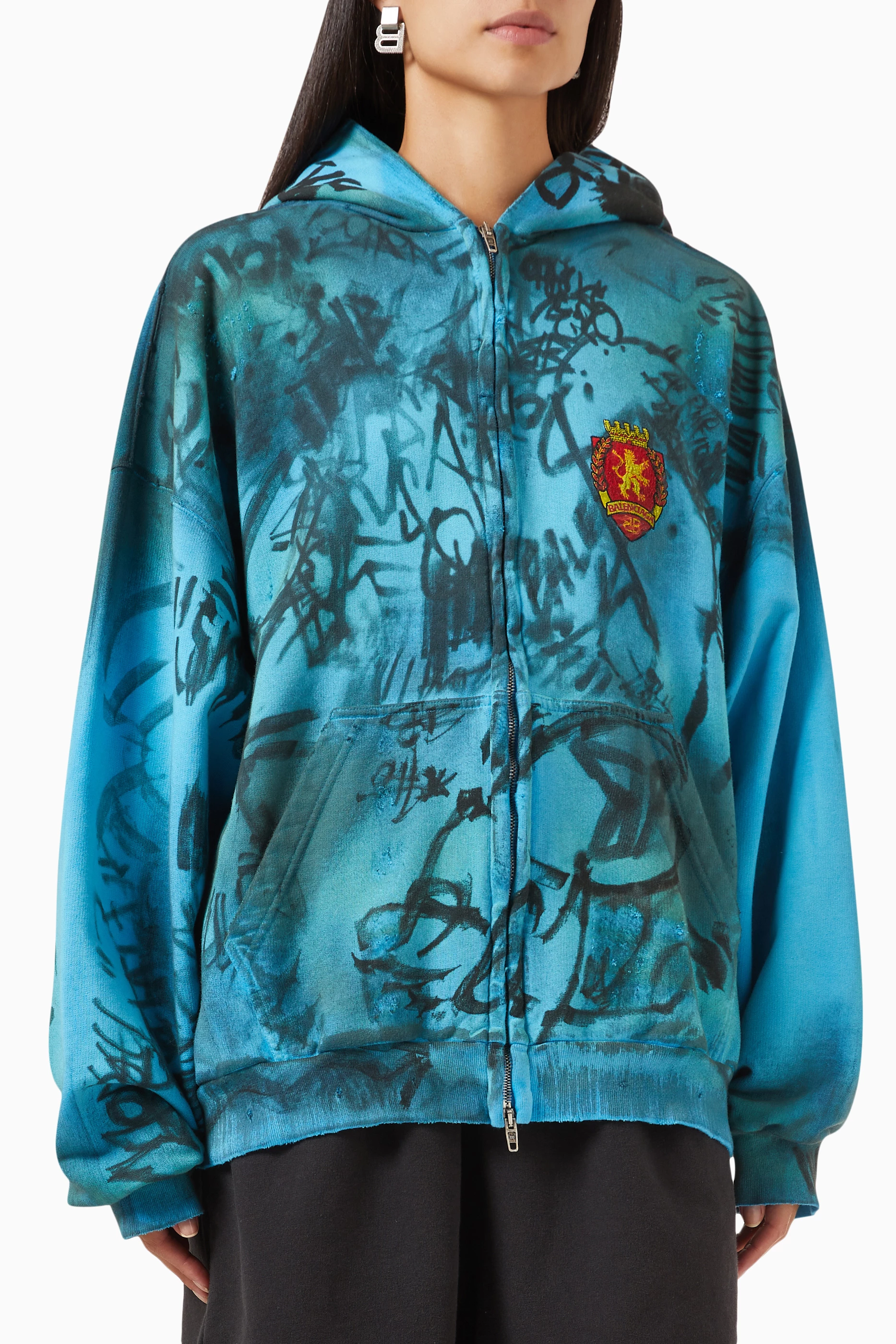 Buy Balenciaga Blue Skater Medium Fit Zip-up Hoodie in Curly