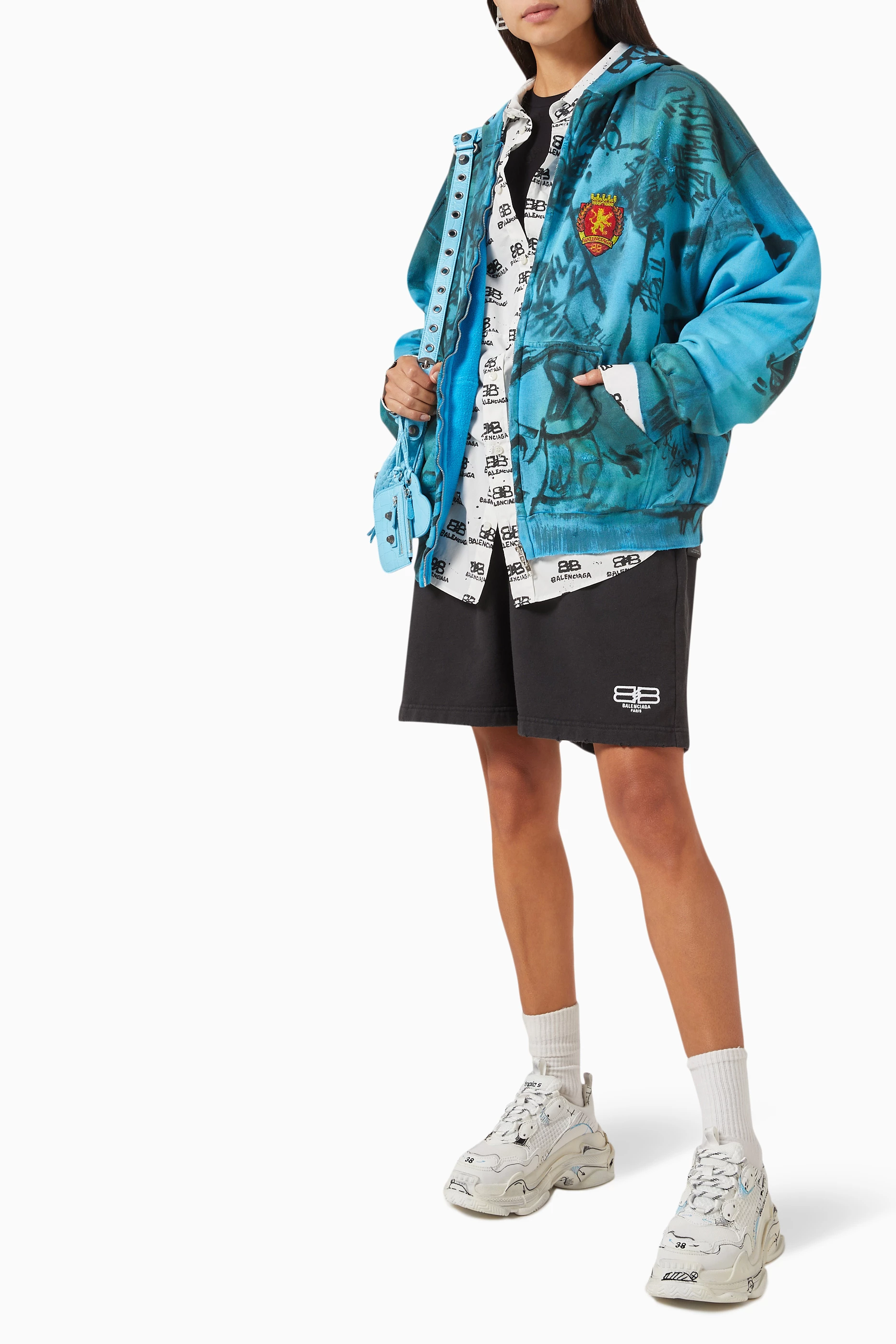 Buy Balenciaga Blue Skater Medium Fit Zip-up Hoodie in Curly