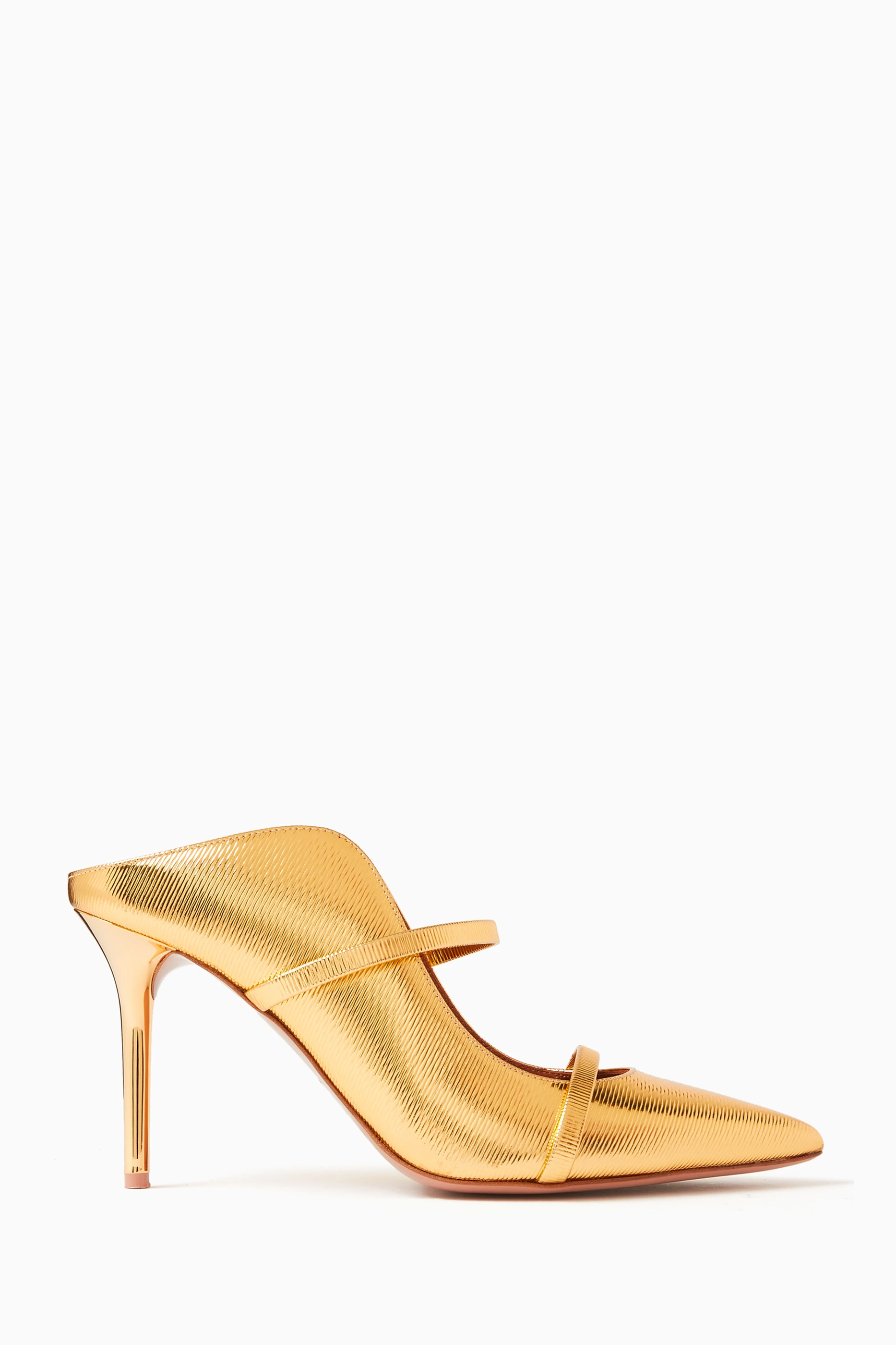 Buy Malone Souliers Gold Maureen 85 Mules in Metallic Embossed Leather For Women Online Ounass Saudi