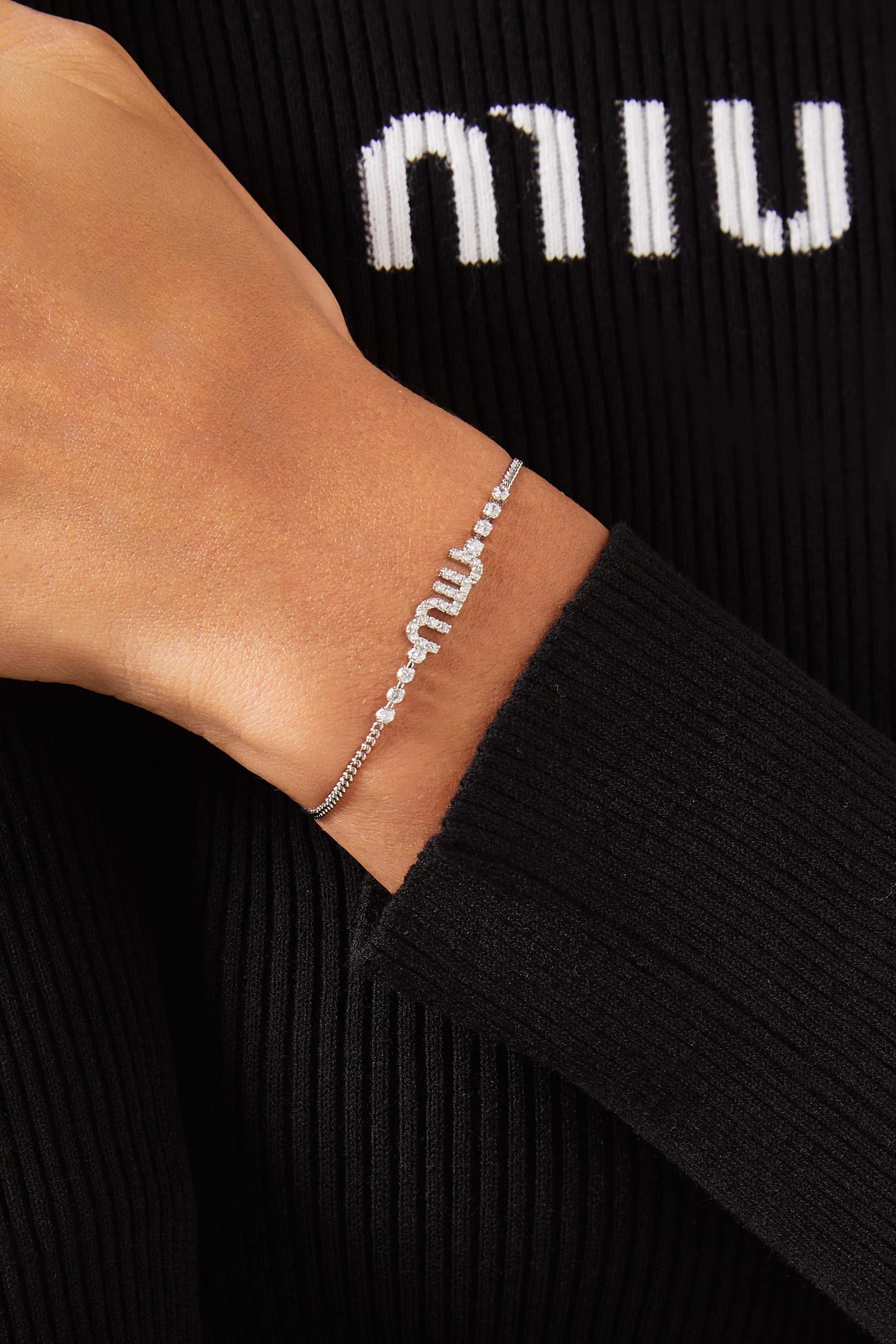 関税・送料込み【MIU MIU】CRYSTALS LOGO BRACELET Logo crystal-embellished bracelet in silver - Miu Miu