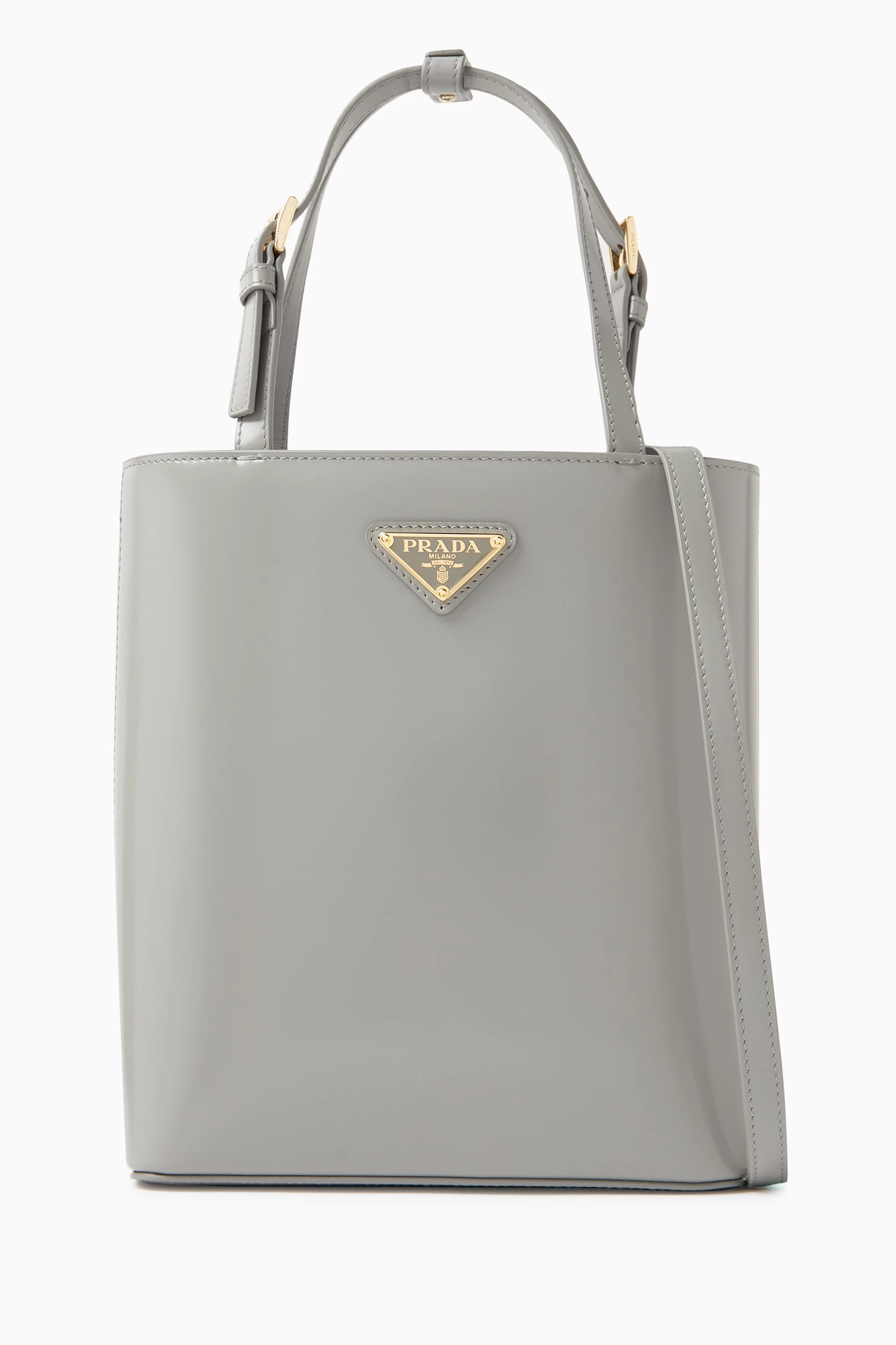 Buy Prada Grey Small Prada Panier Tote Bag in Patent Leather For