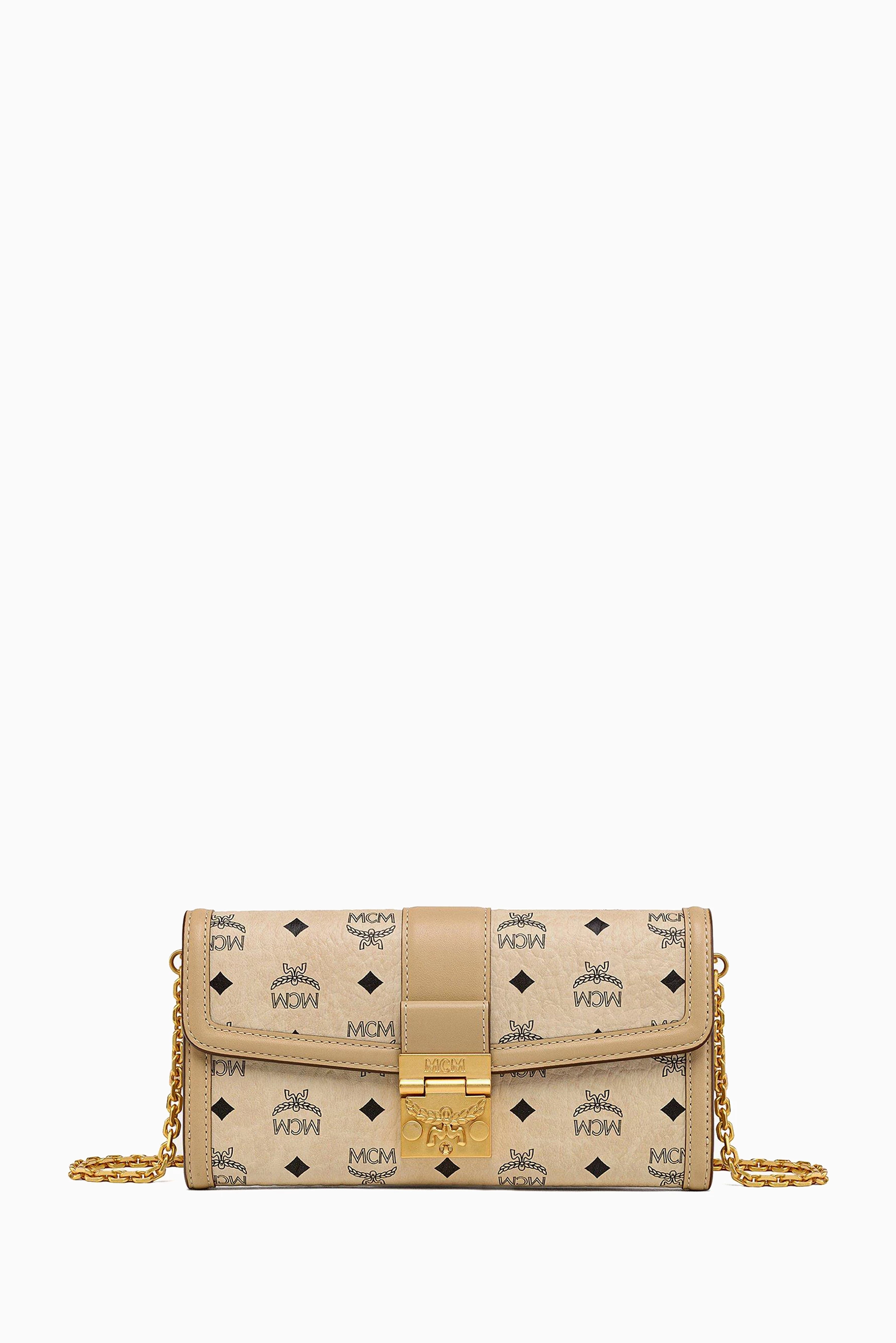 Buy MCM Neutral Large Tracy Chain Wallet in Visetos For Women