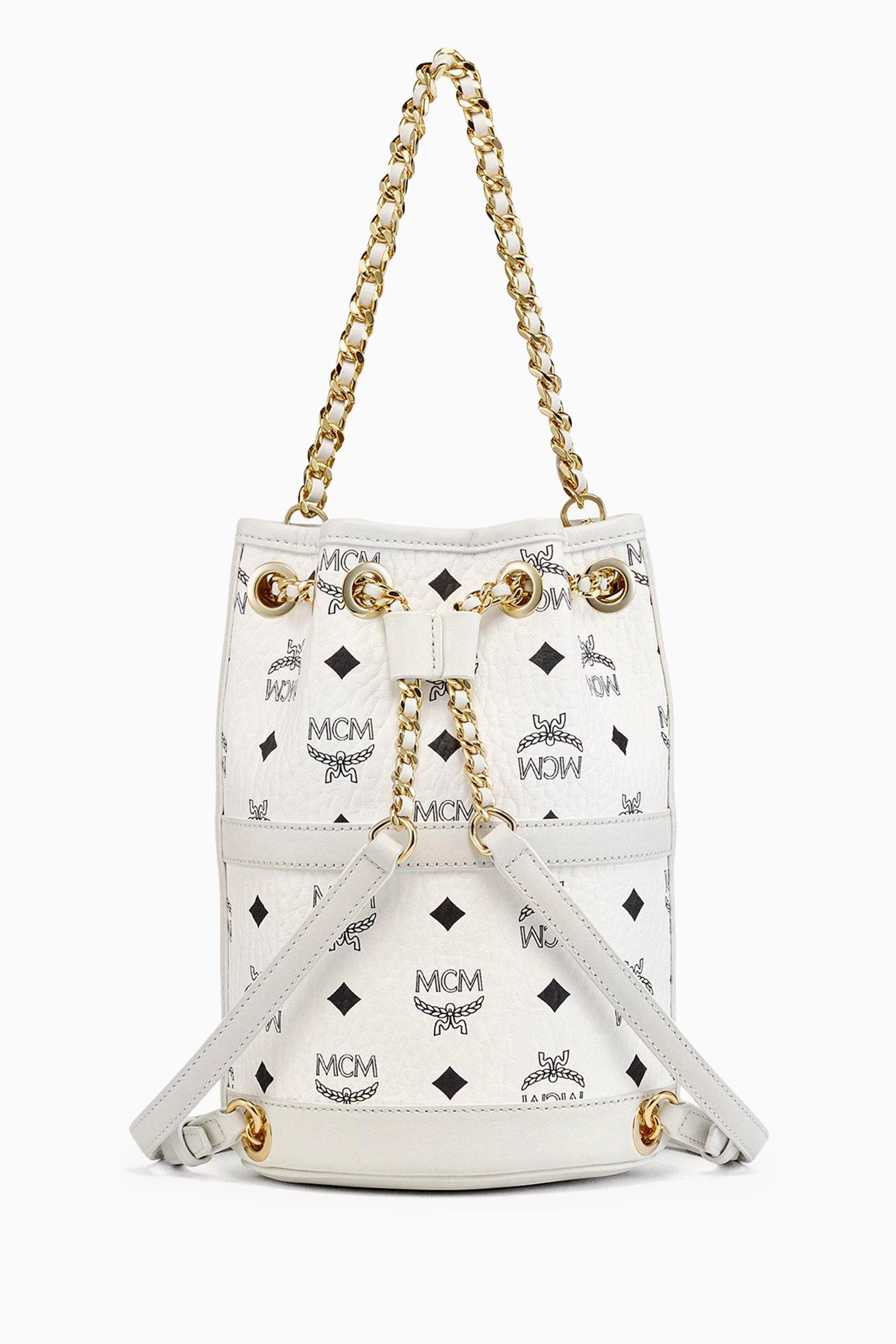 Buy MCM White Mini Aren Chain Backpack in Visetos For Women Online