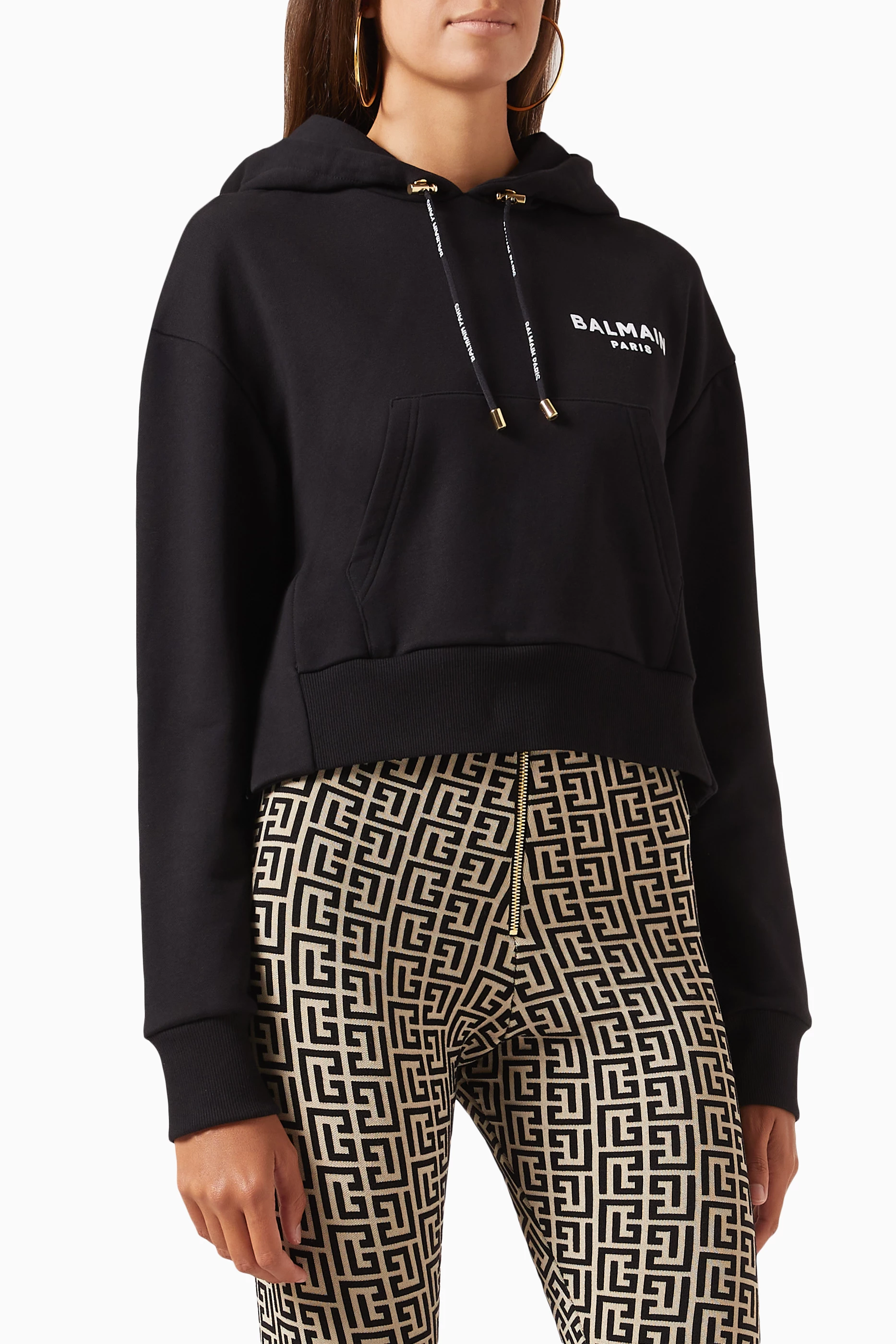 Buy Balmain Black Flocked Logo Crop Hoodie in Cotton For Women