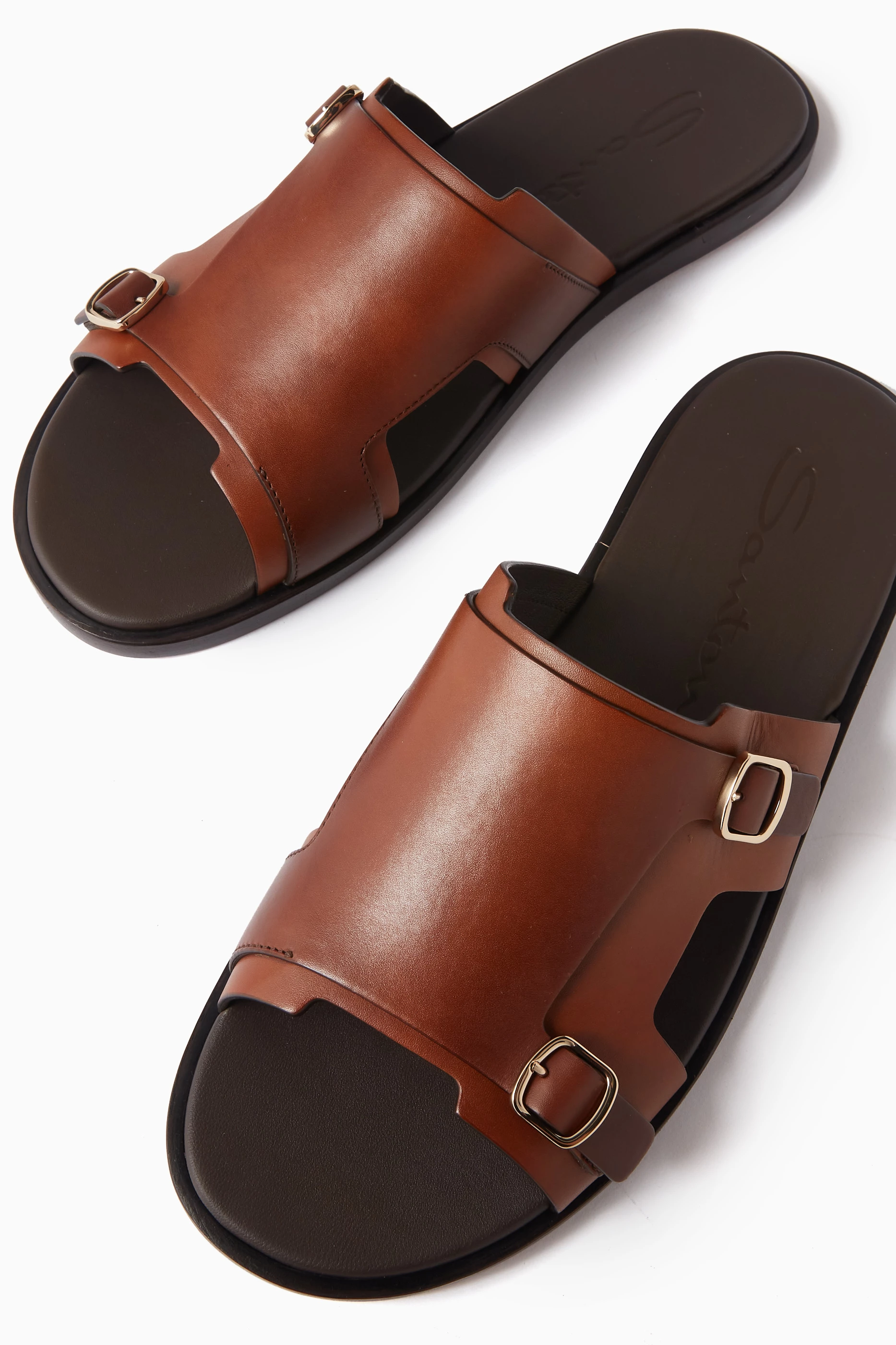 Buy Santoni Brown Double Buckle Sandals in Calf Leather For Men Online Ounass Saudi