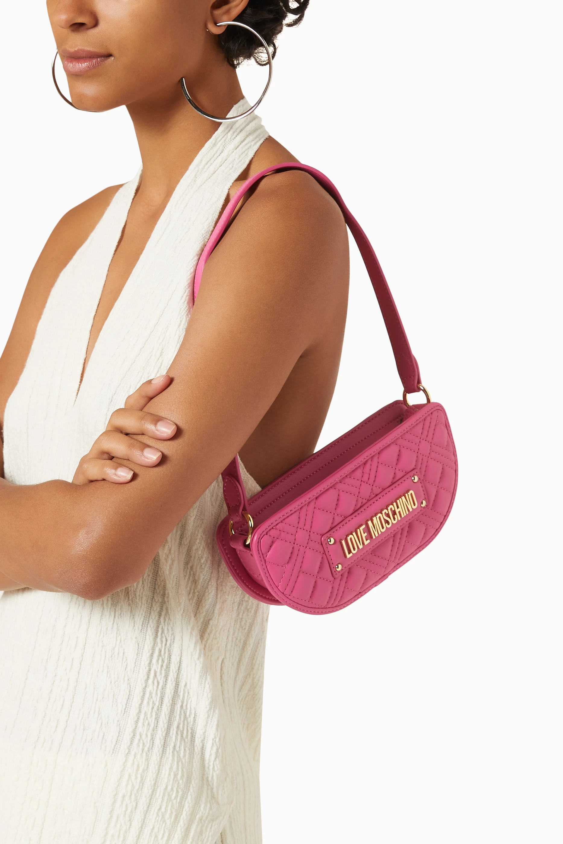 Buy Love Moschino Pink Small Half Moon Bag in Quilted Faux-Leather