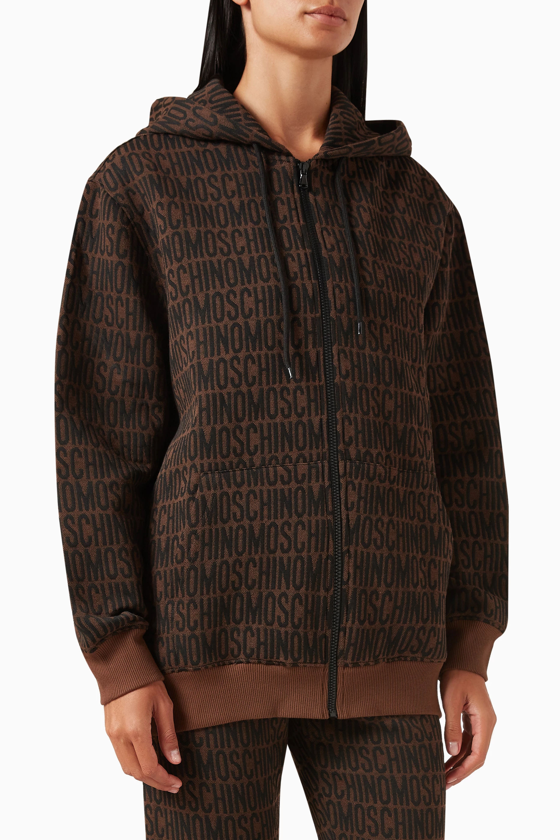 Buy Moschino Brown All over Logo Zip up Hoodie in Cotton blend For Women Online Ounass Saudi