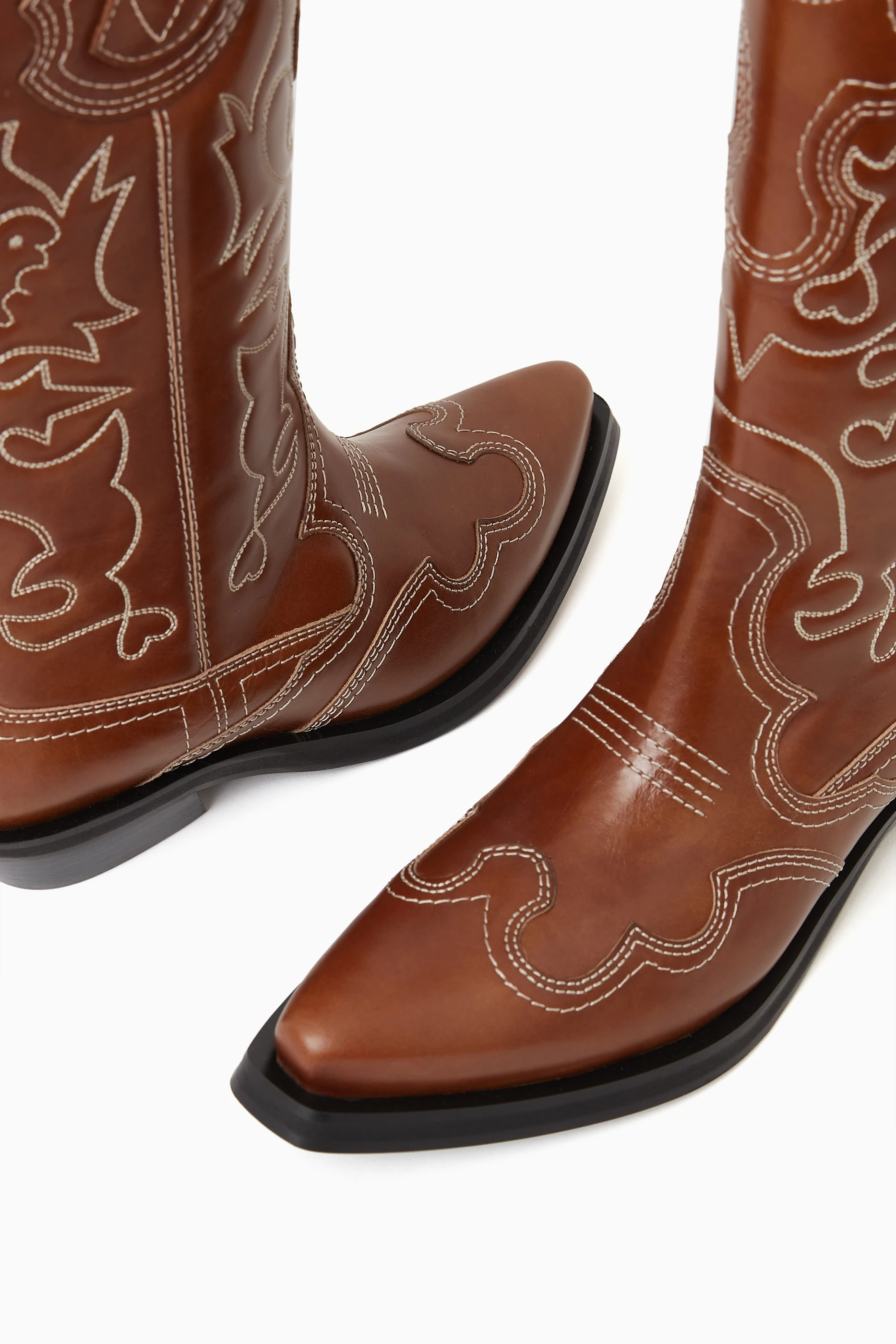 Buy Ganni Brown Embroidered Western Cowboy Boots in Leather For