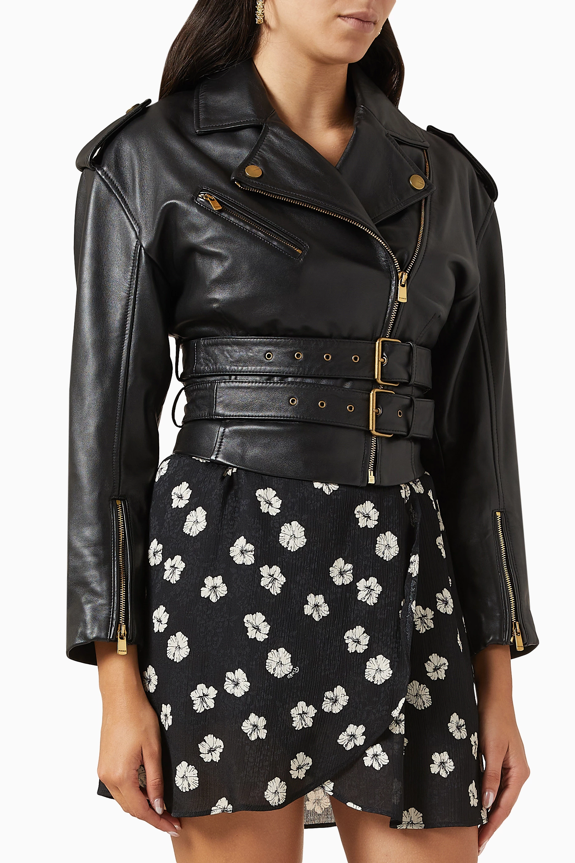 Buy PINKO Black Aurora Belted Biker Jacket in Leather For Women Online Ounass Saudi