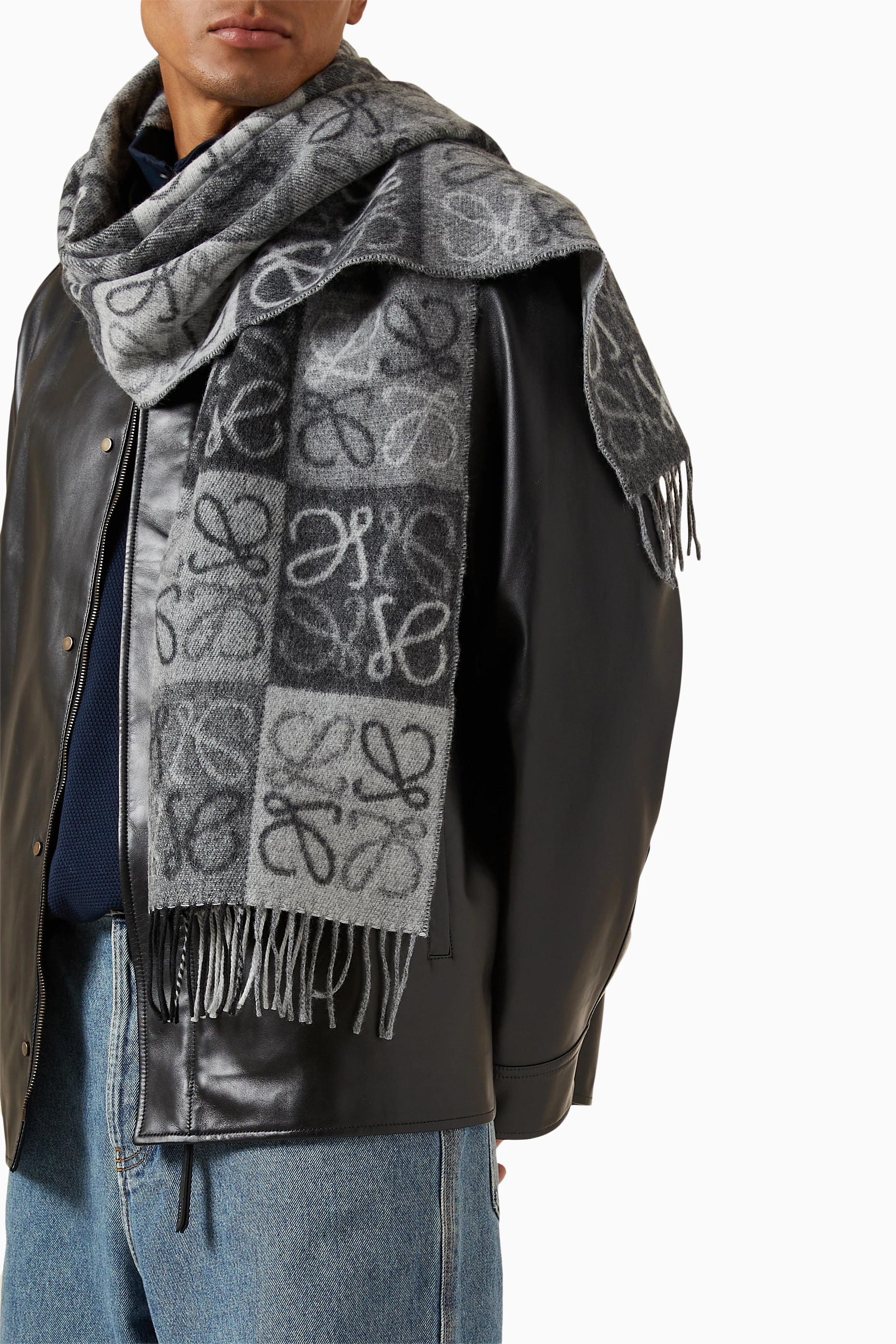 Buy LOEWE Black Checkerboard Scarf in Wool & Cashmere For UNISEX