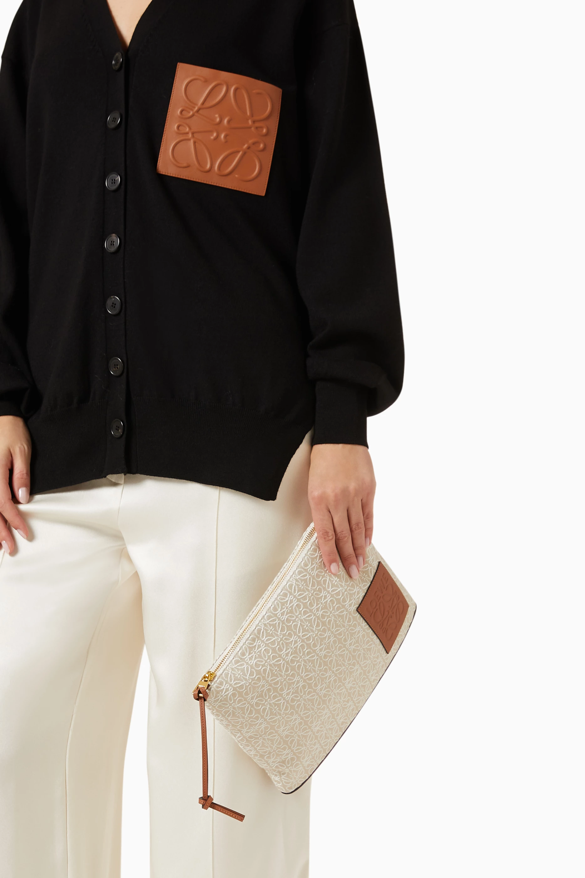 Buy LOEWE White Oblong Pouch in Anagram Jacquard & Calfskin