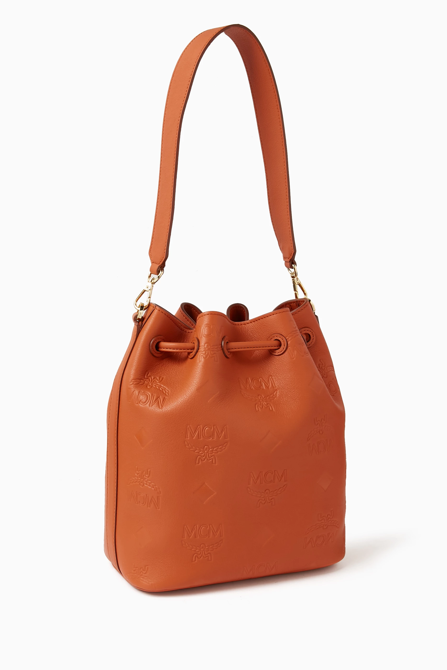 Mcm essential embossed leather bucket bag clearance