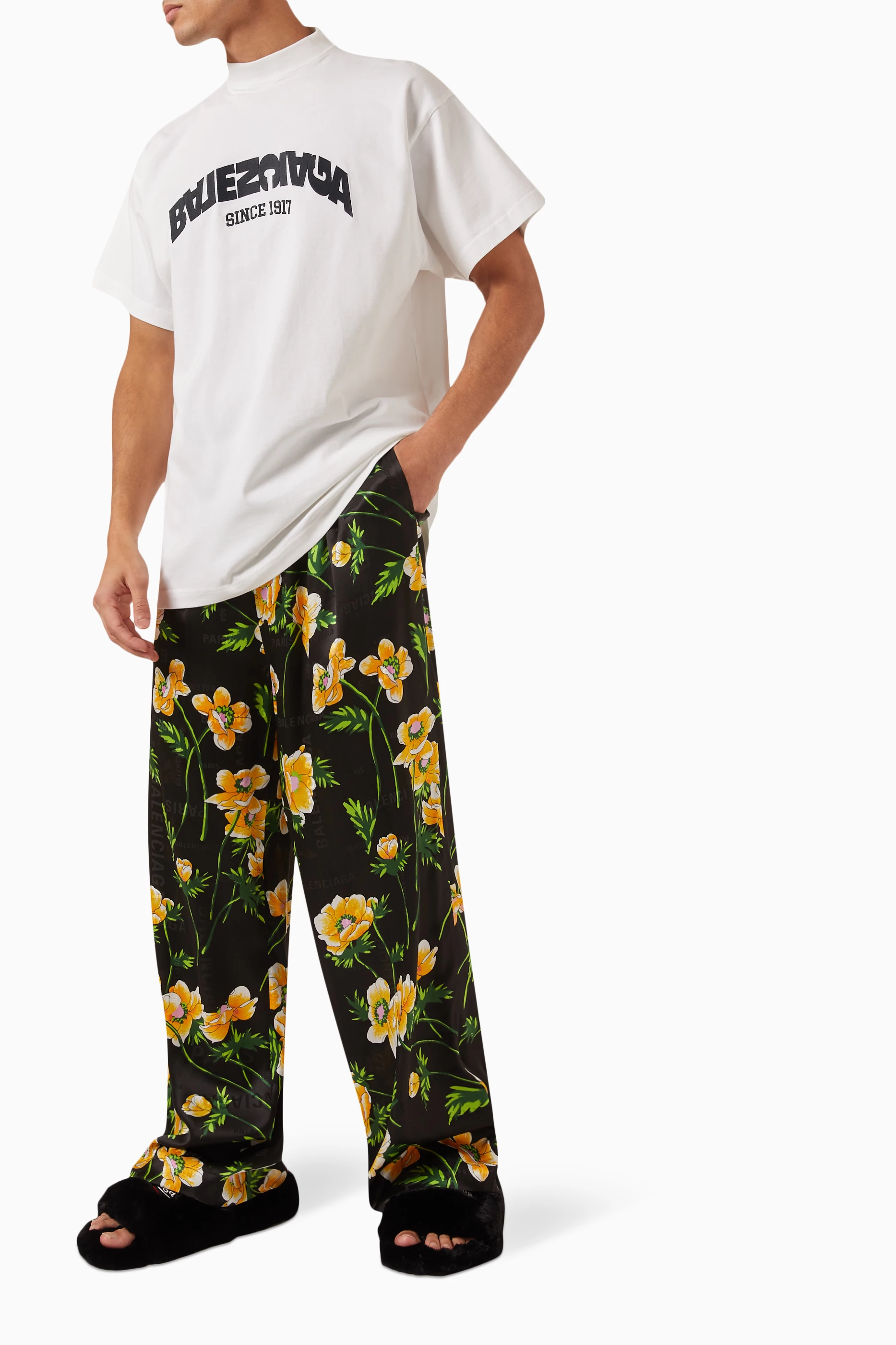 ●送料込●BALENCIAGA● floral print パジャマパンツ Buy Balenciaga Black Unisex Floral-print Pyjama Pants For