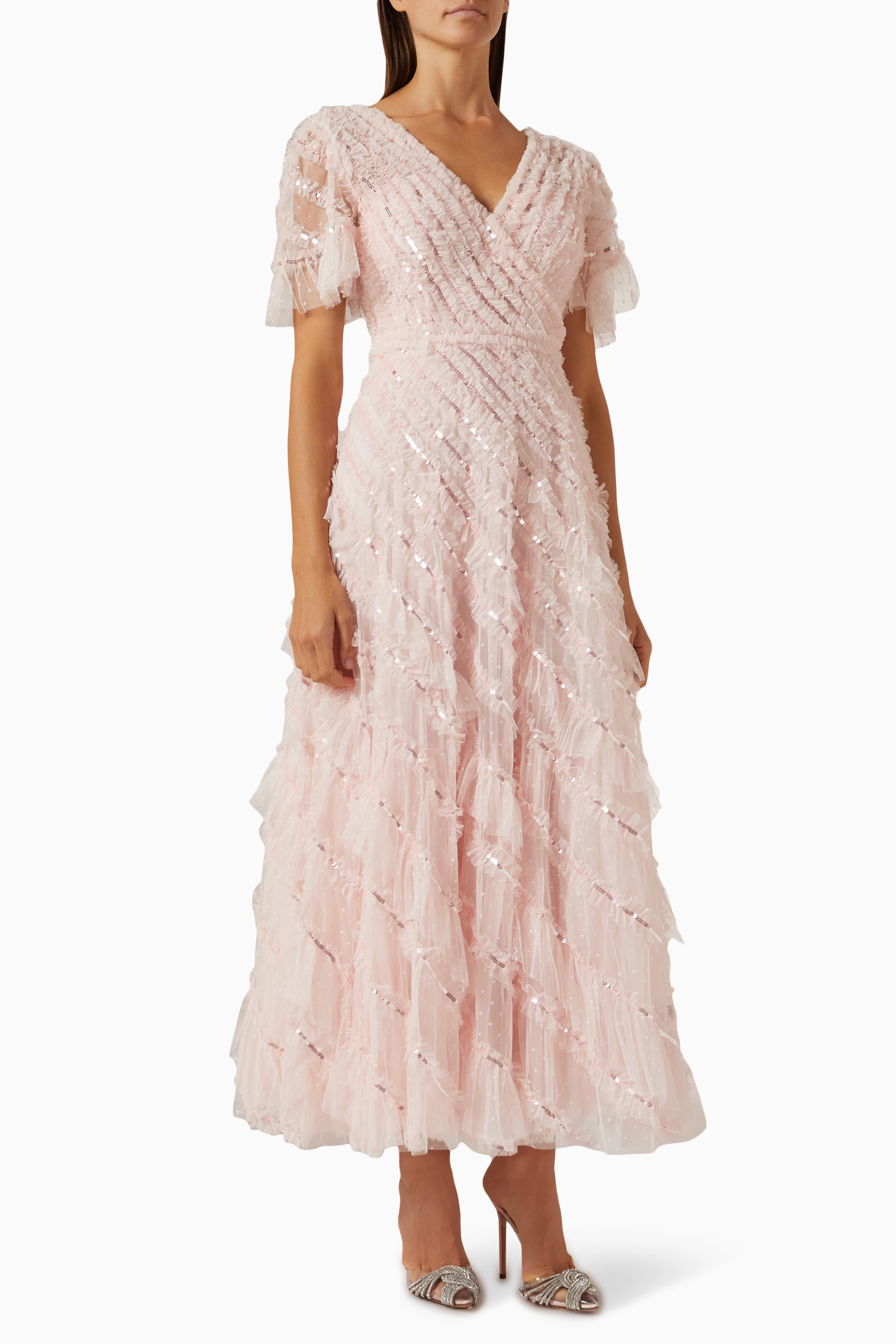 rose gold prom dress MACloth Straps V Neck Sequin Chiffon Long Prom Dress Rose Gold Formal Evening Gown Rose Gold/Ivory / Tea Length / US14