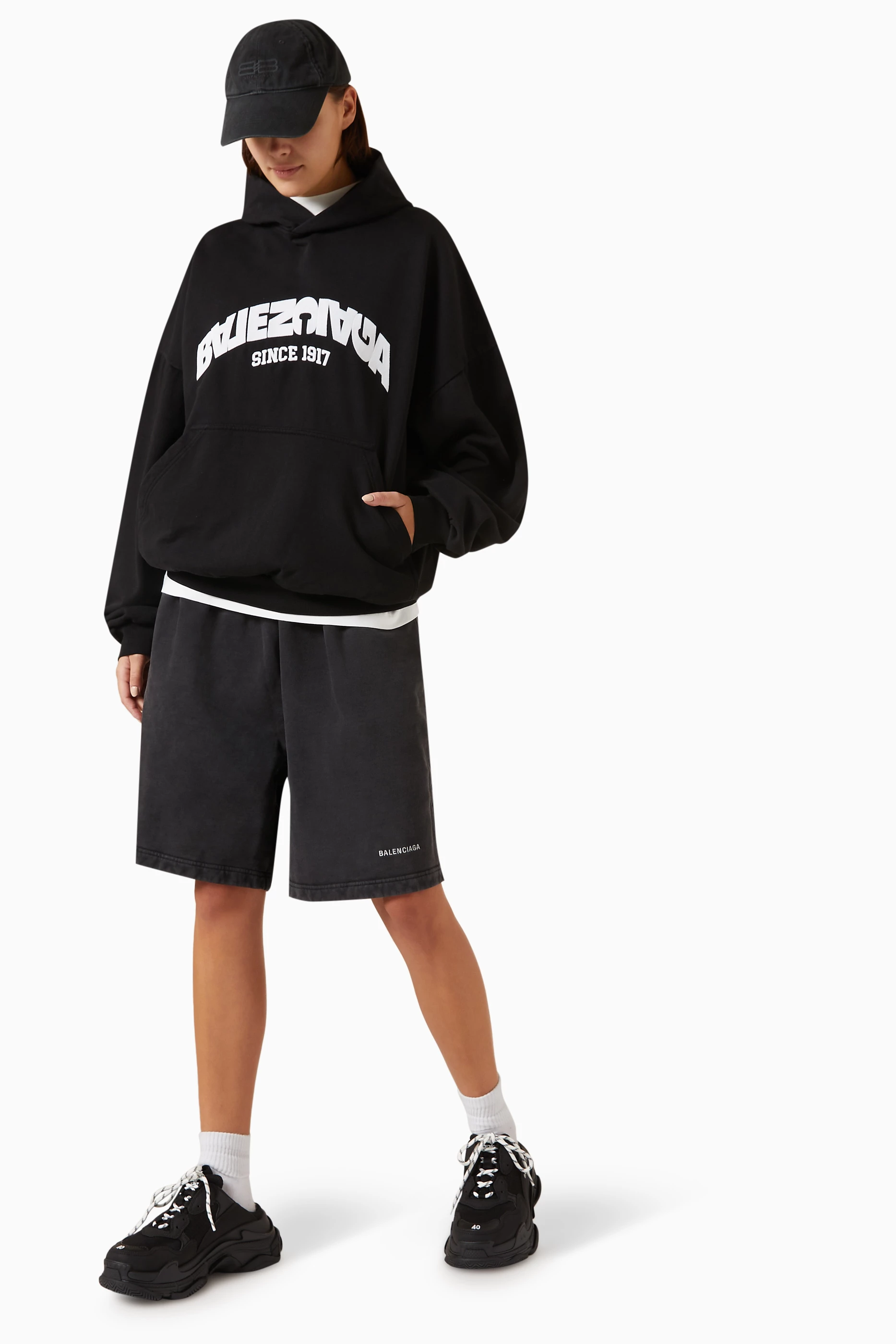 Buy Balenciaga Black Back Flip Oversized Hoodie in Fleece For 