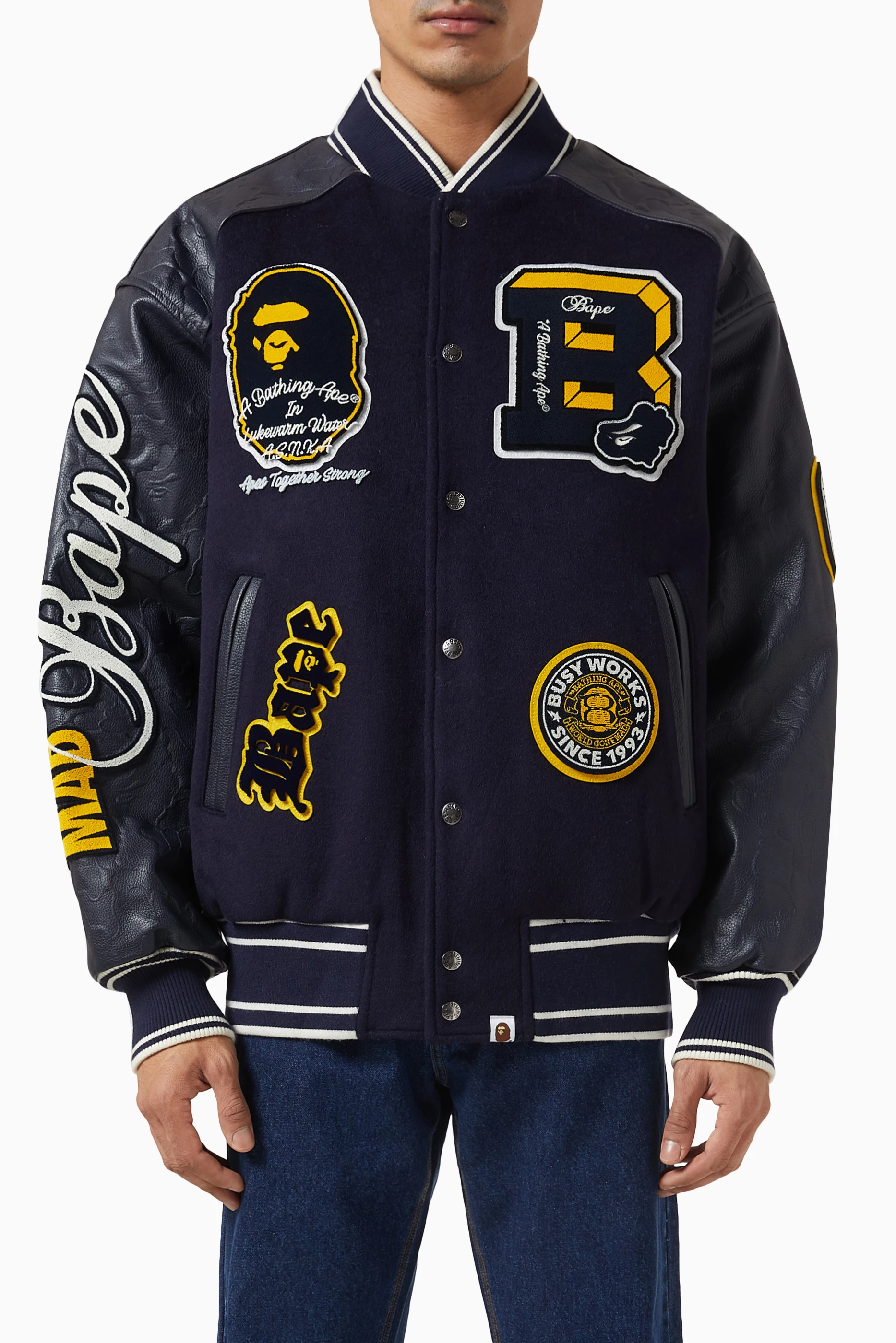 Buy A Bathing Ape Blue BAPE Patch Varsity Jacket in Wool Blend & Calf  Leather For Men Online | Ounass Saudi