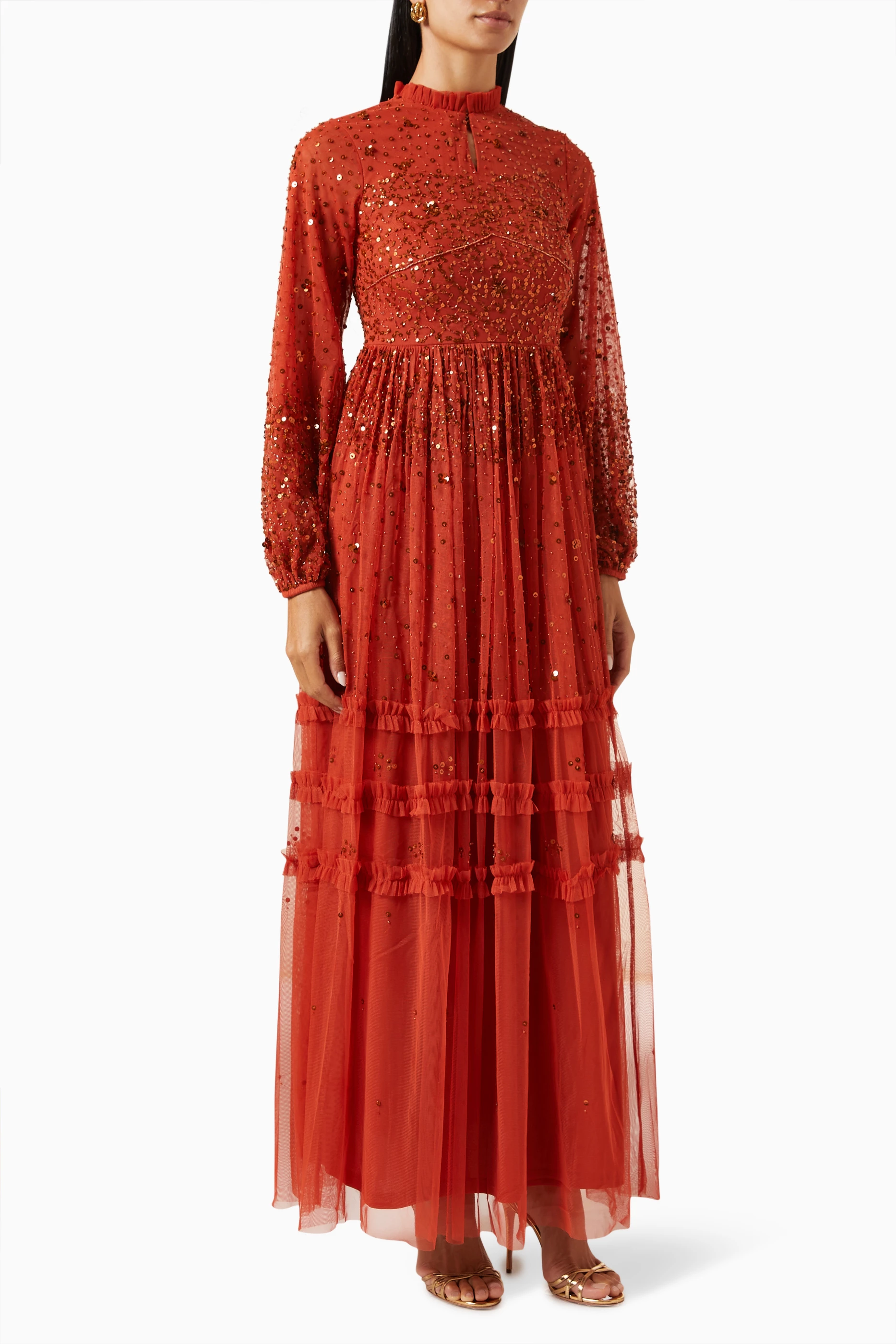 Buy Amelia Rose Orange Embellished Maxi Dress in Tulle For Women