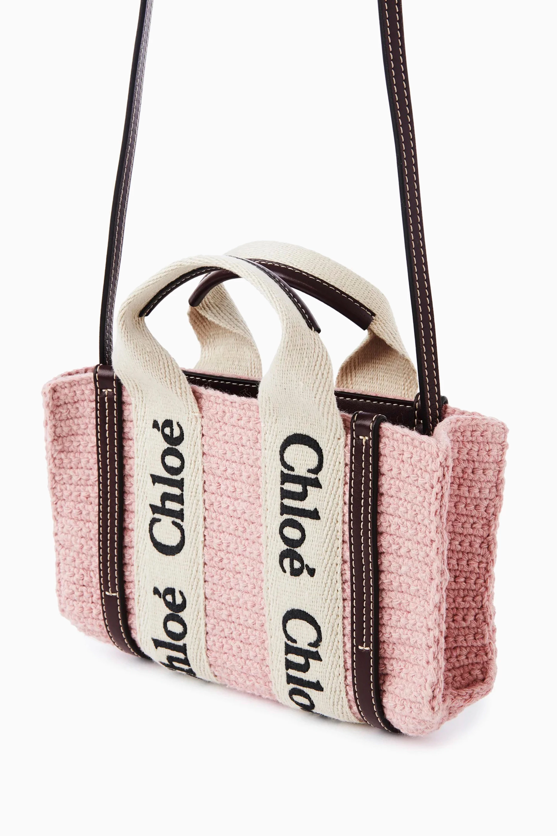 Buy Chloé Pink Mini Woody Tote Bag in Crochet For Women