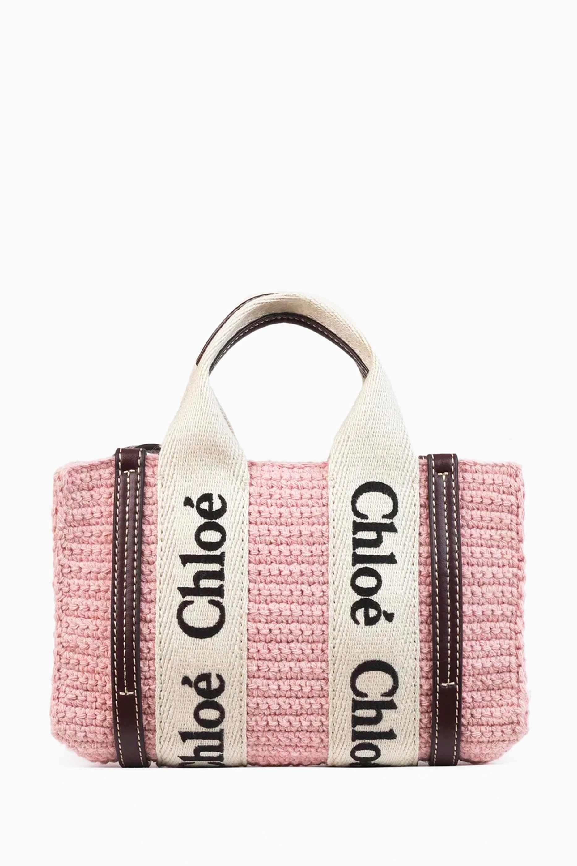 Buy Chloé Pink Mini Woody Tote Bag in Crochet For Women Online 
