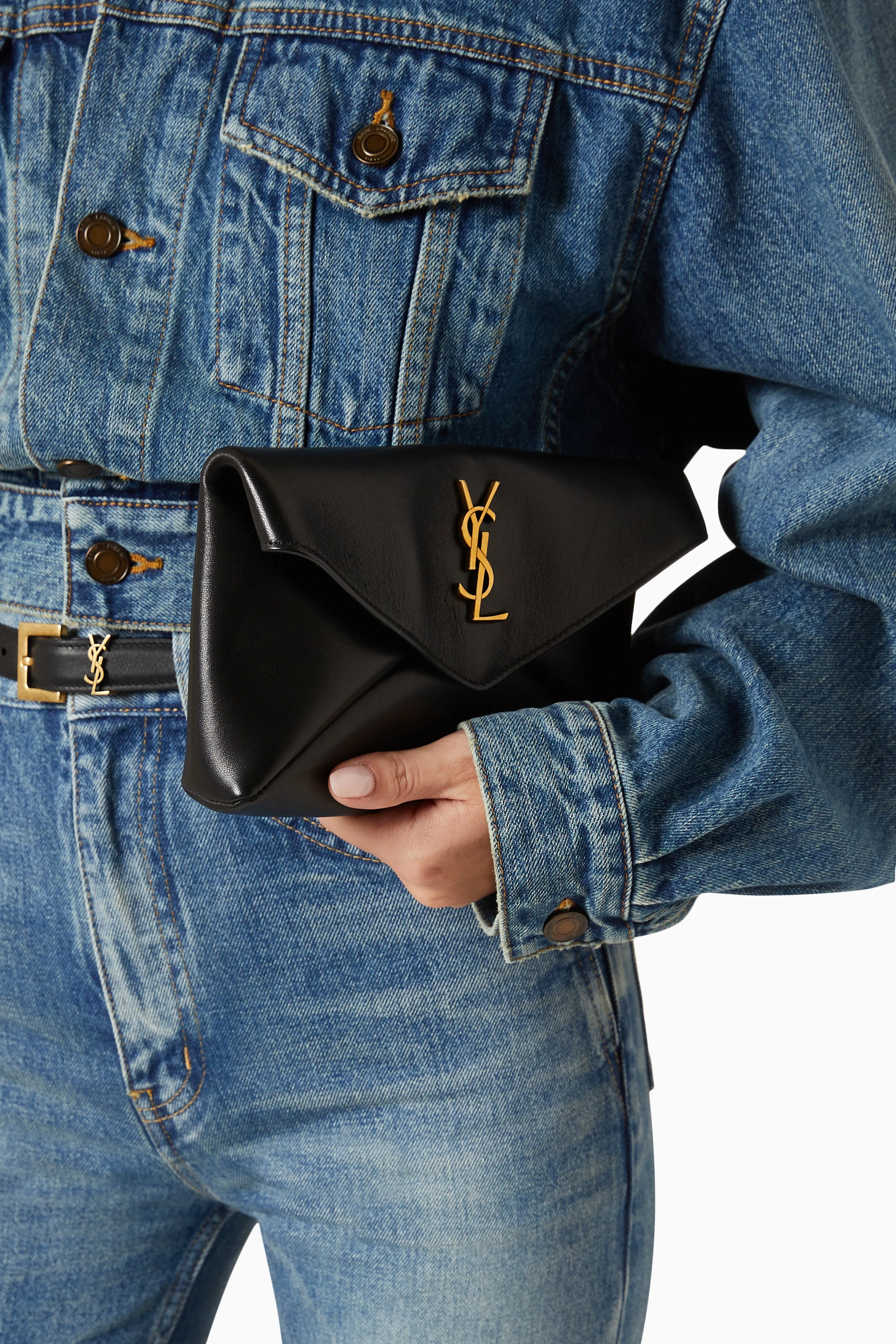 Buy SAINT LAURENT Black Small Cassandre Envelope Pouch in Lambskin For Women Online Ounass Saudi