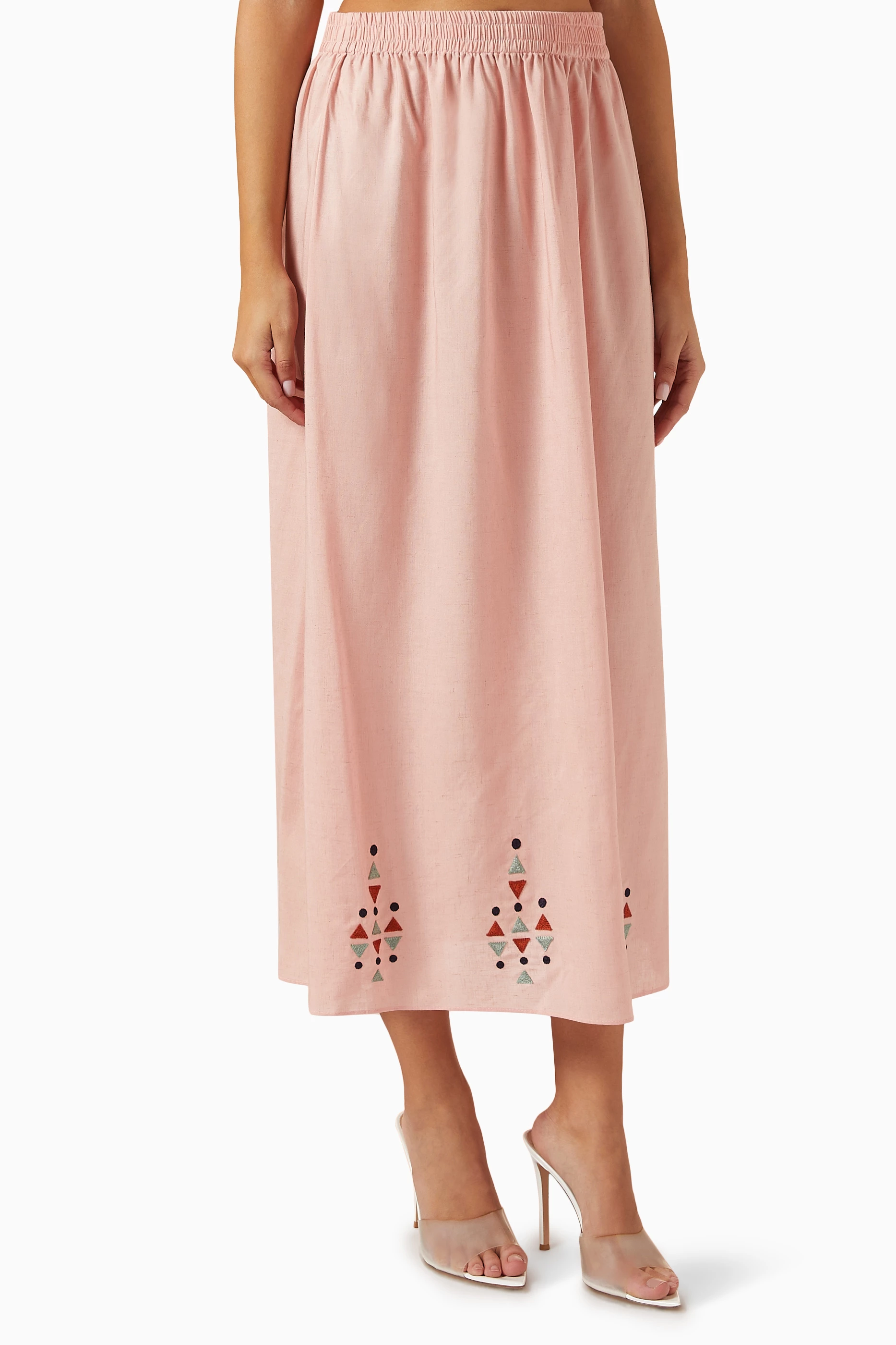 Buy MAISOON Pink Embroidered Top Midi Skirt Set in Linen For Women Online Ounass Saudi