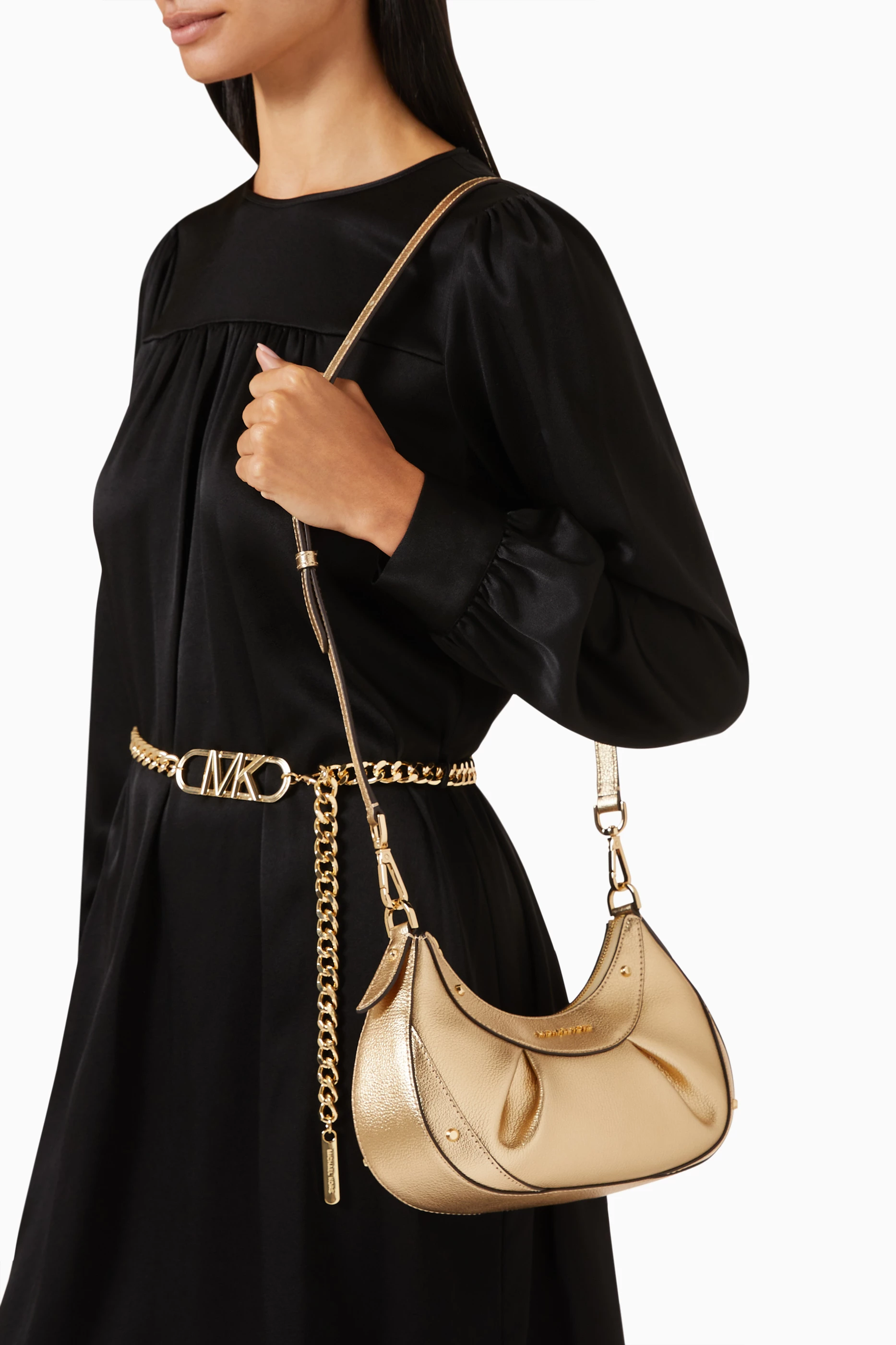Buy Michael Kors Gold Small Enzo Shoulder Bag in Pebbled Leather - Main Image