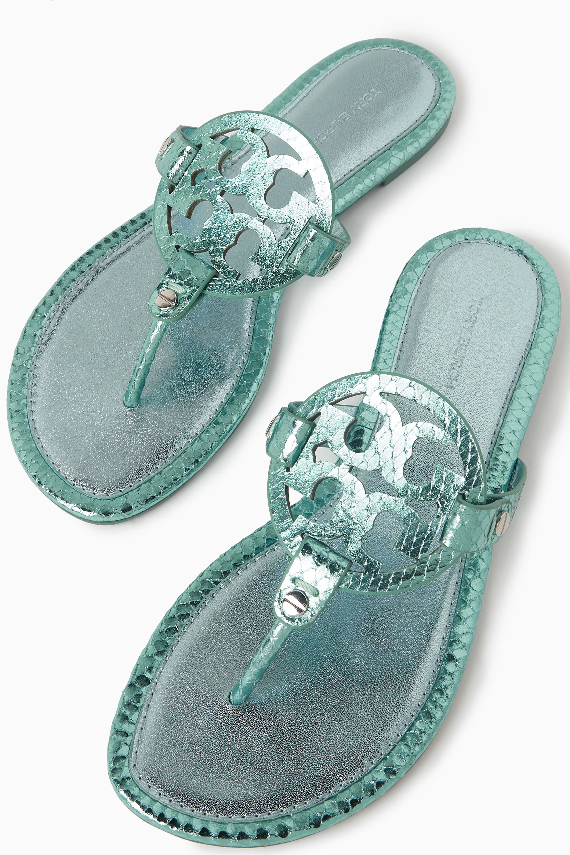 Buy Tory Burch Green Miller Sandals in Metallic Snake embossed Leather For Women Online Ounass Saudi