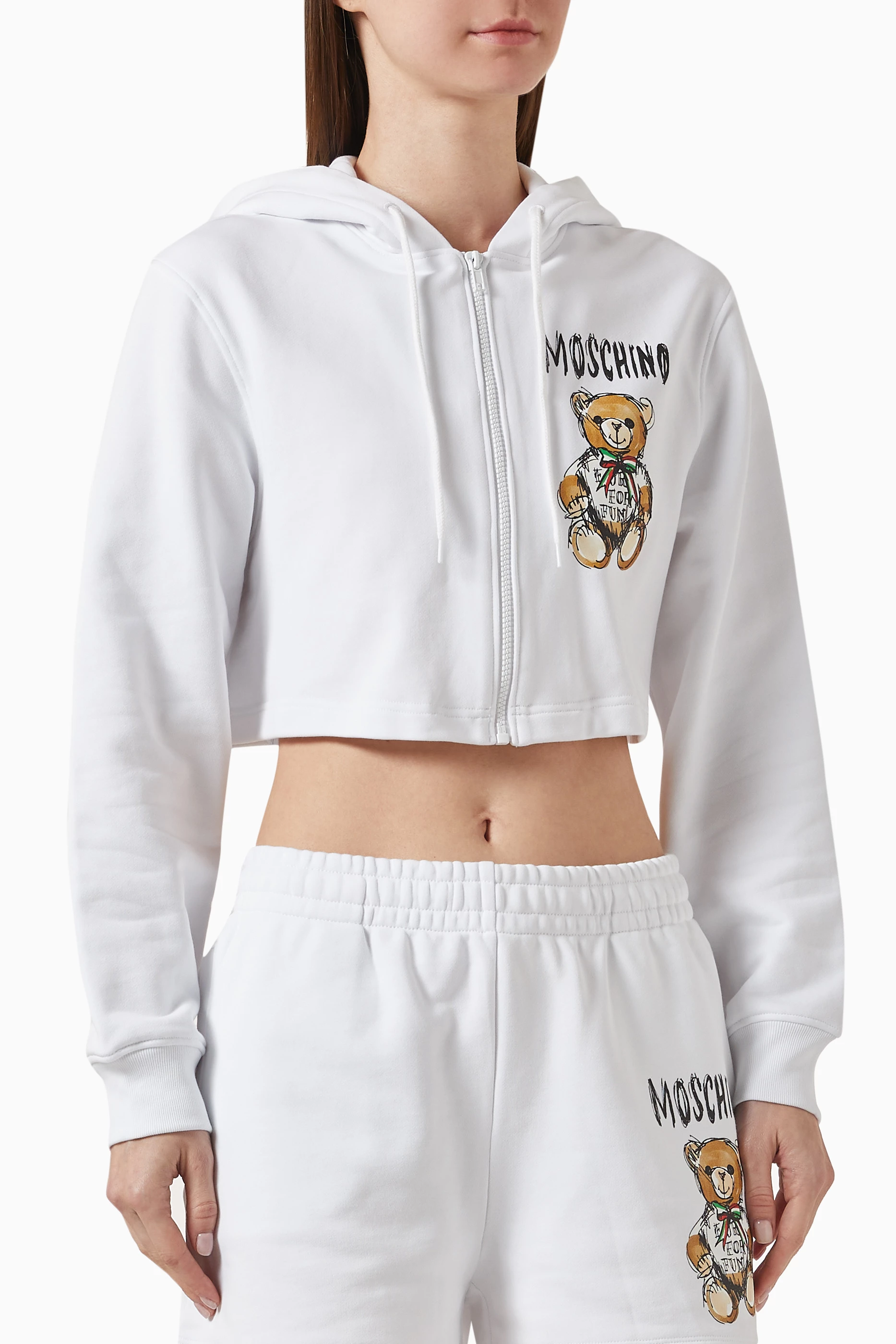 Buy Moschino White Drawn Teddy Bear Cropped Hoodie in Cotton For Women Online Ounass Saudi