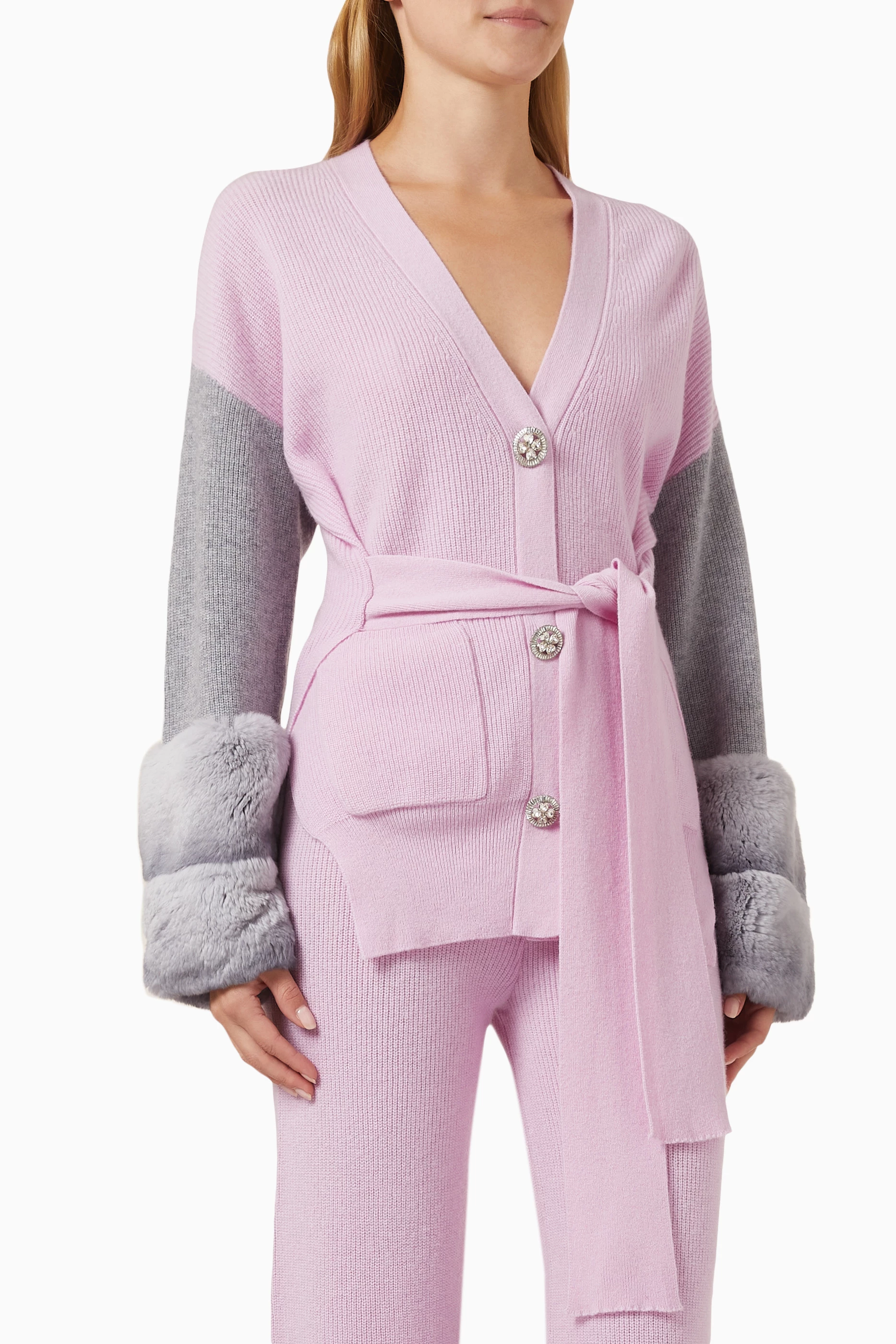 豪奢な Buy Izaak Azanei Pink Fur-cuff Embellished Belted Cardigan カーディガン