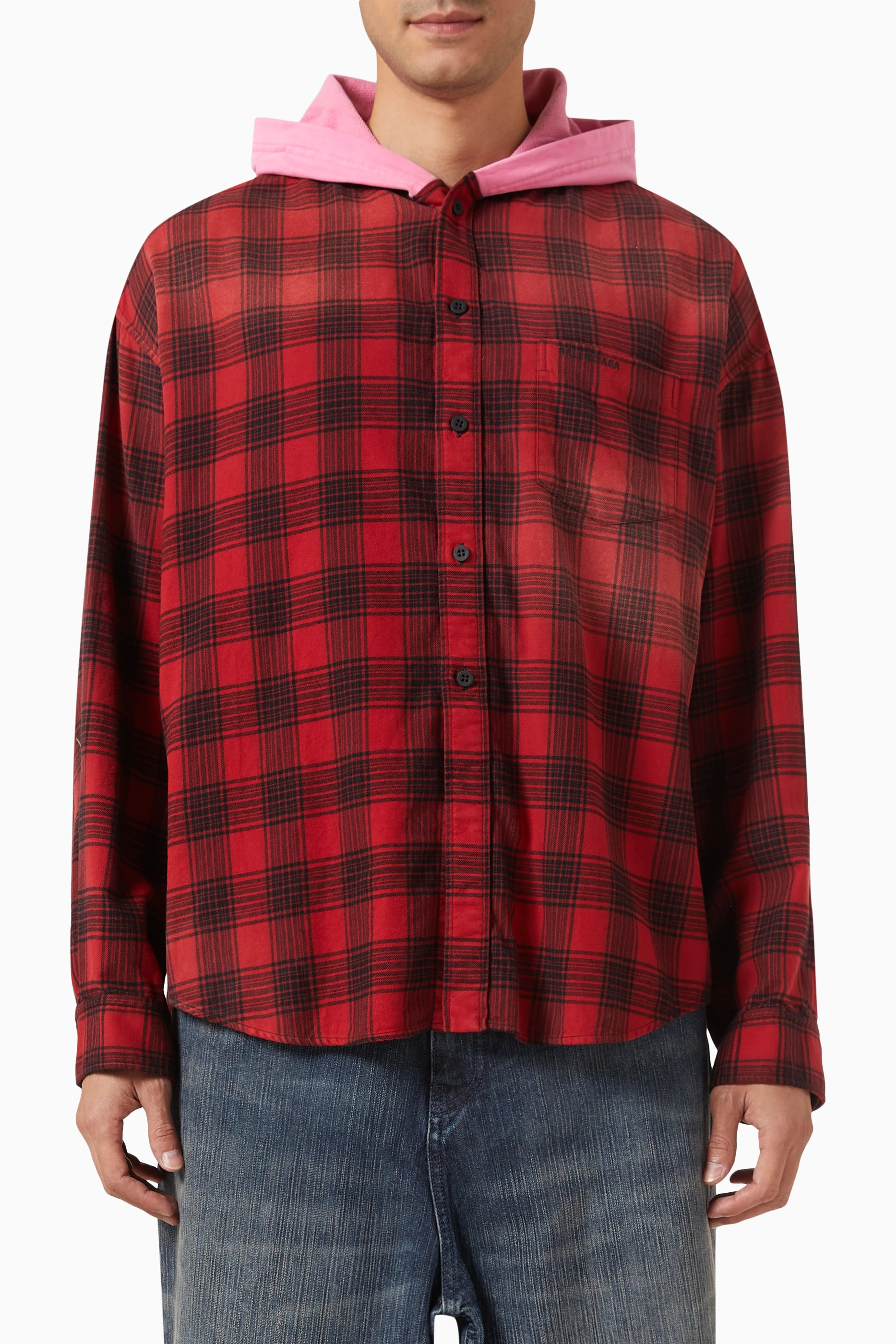 Buy Balenciaga Red Unisex Hooded Oversized Shirt in Check