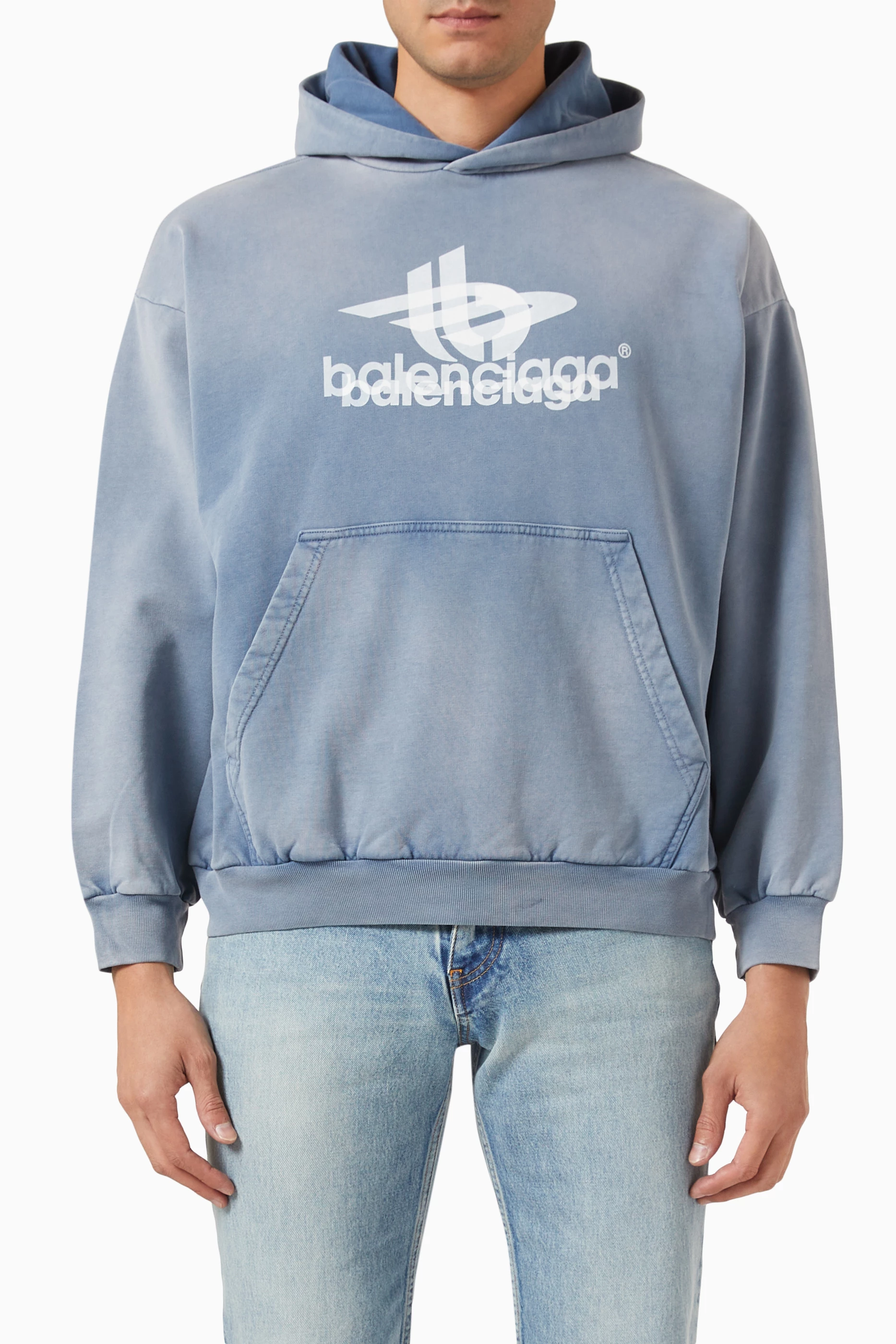 Buy Balenciaga Blue Layered Sports Faded Hoodie in Cotton fleece For UNISEX Online Ounass Saudi