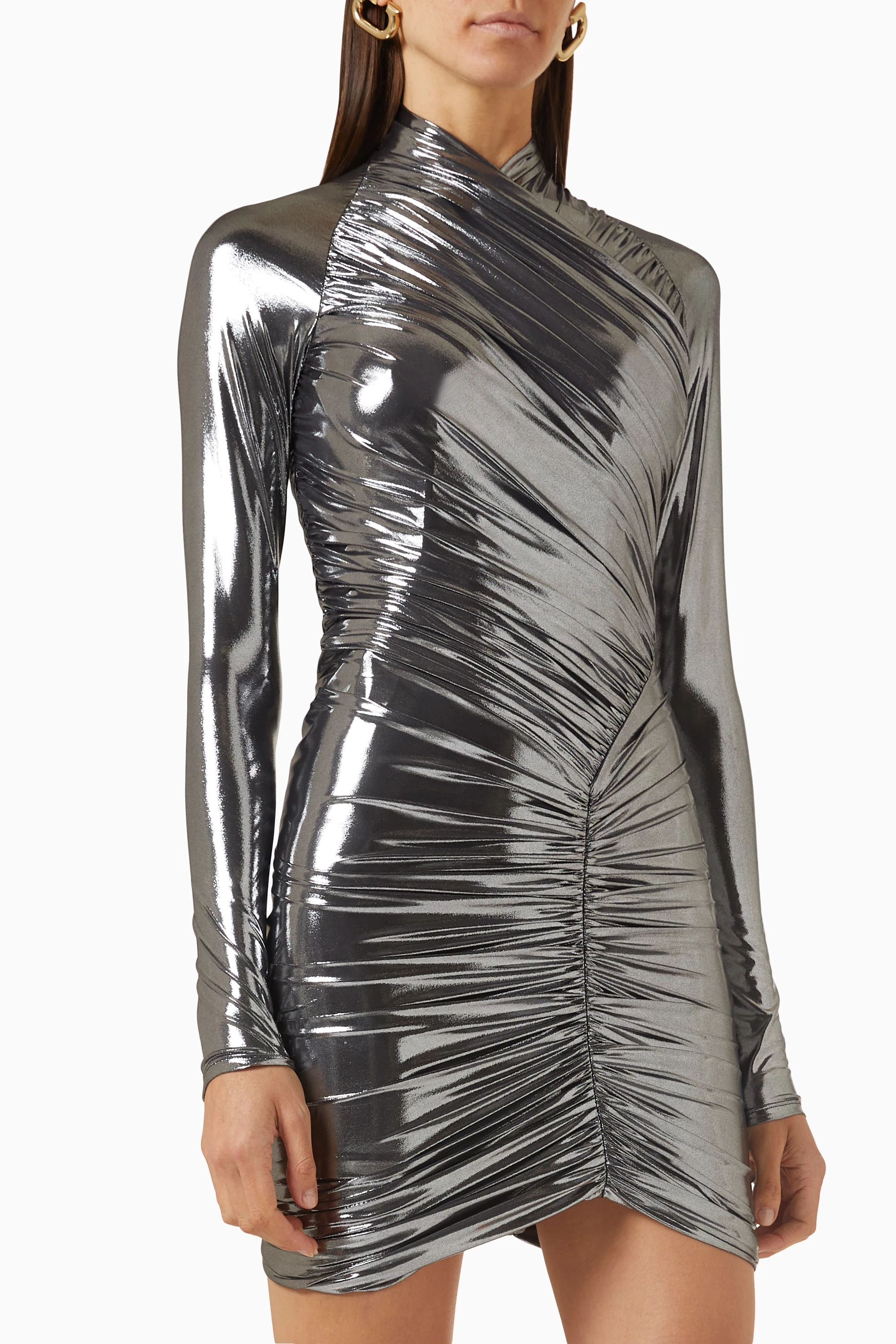 ferragamo silver dress FERRAGAMO Maximilian Davis 2023 Runway metallic silver lame wrapped dress  IT40 S