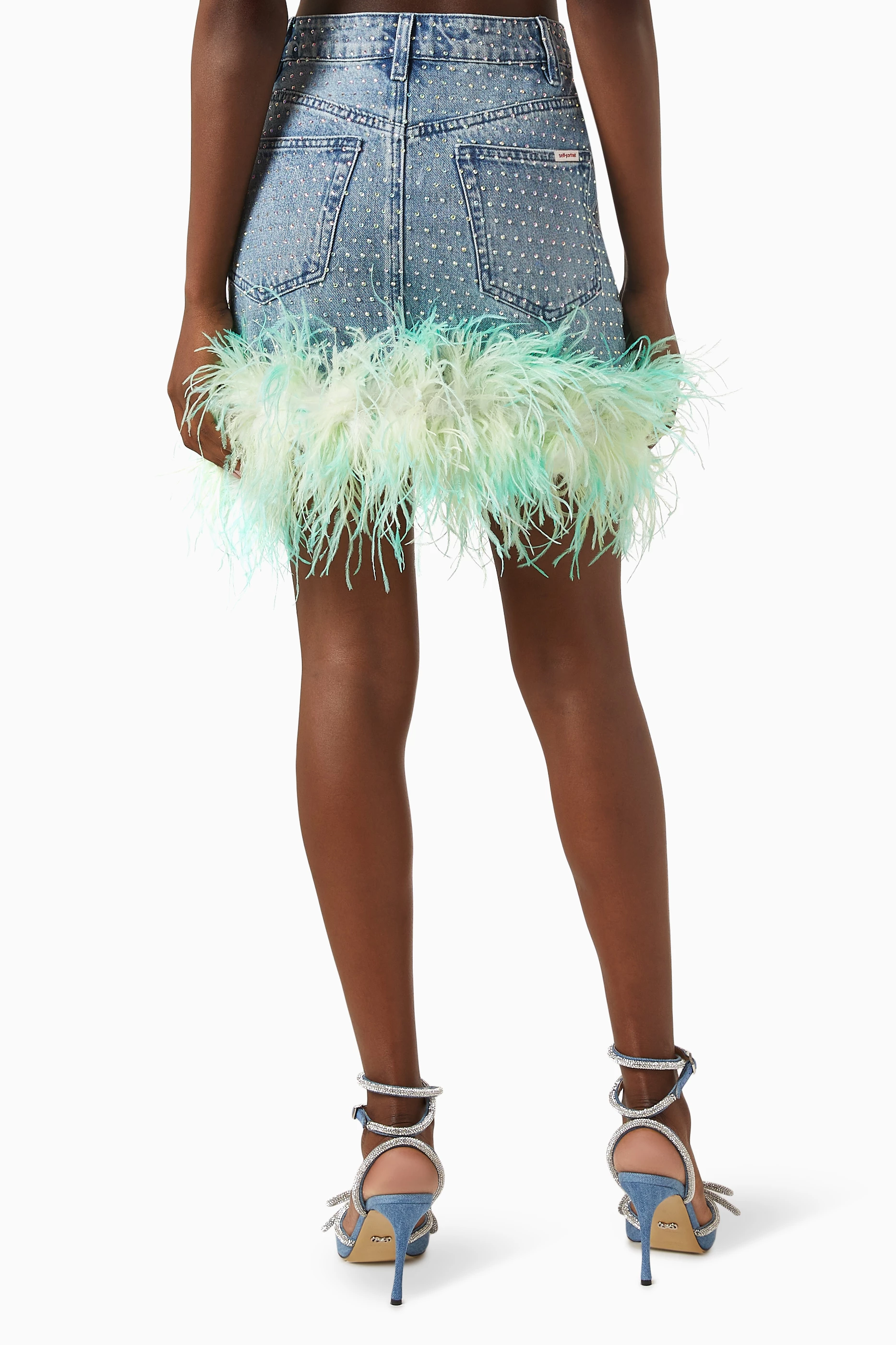 Buy Self Portrait Blue Rhinestone embellished Feather Mini Skirt in Denim For Women Online Ounass Saudi