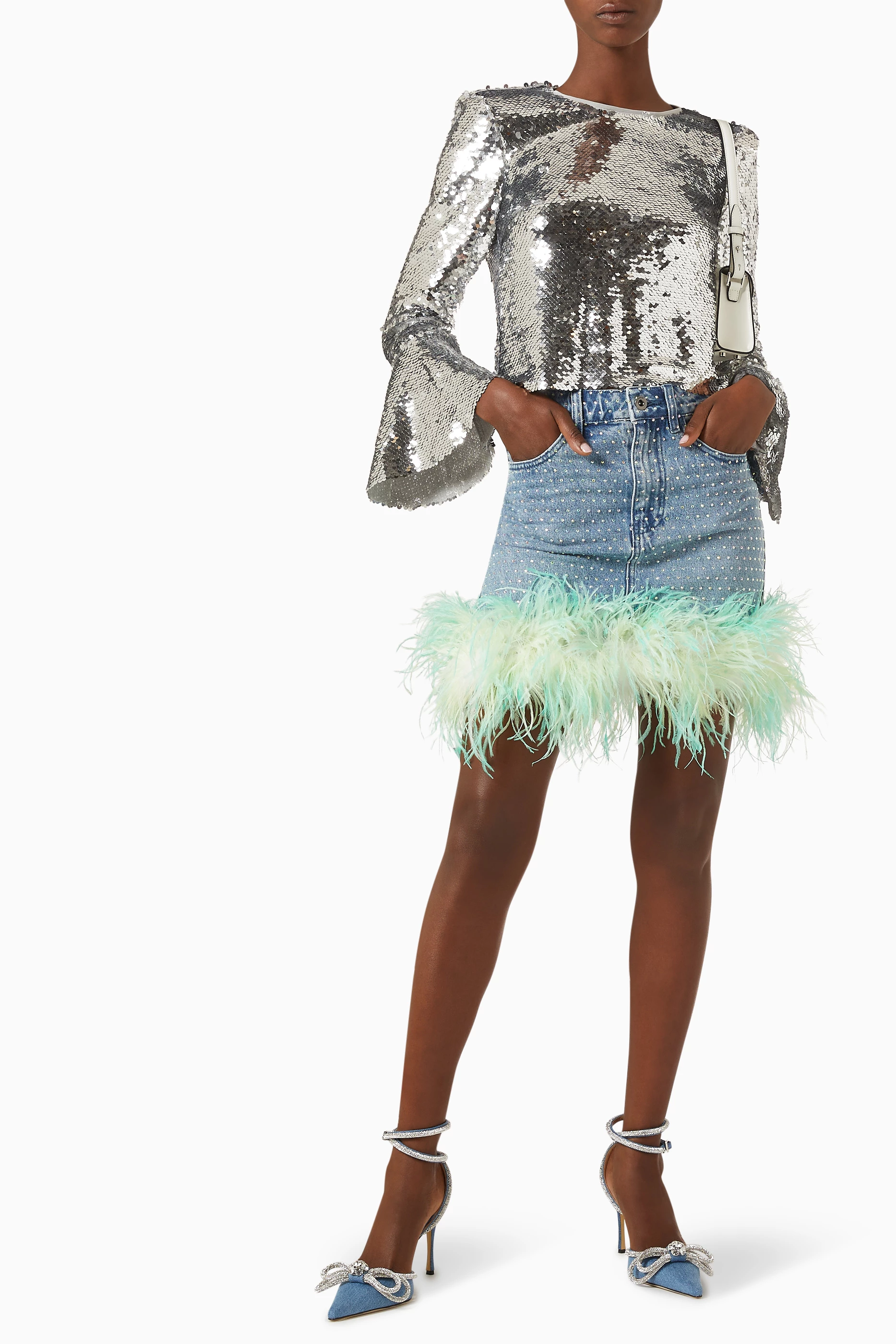 Rhinestone embellished feather mini skirt top