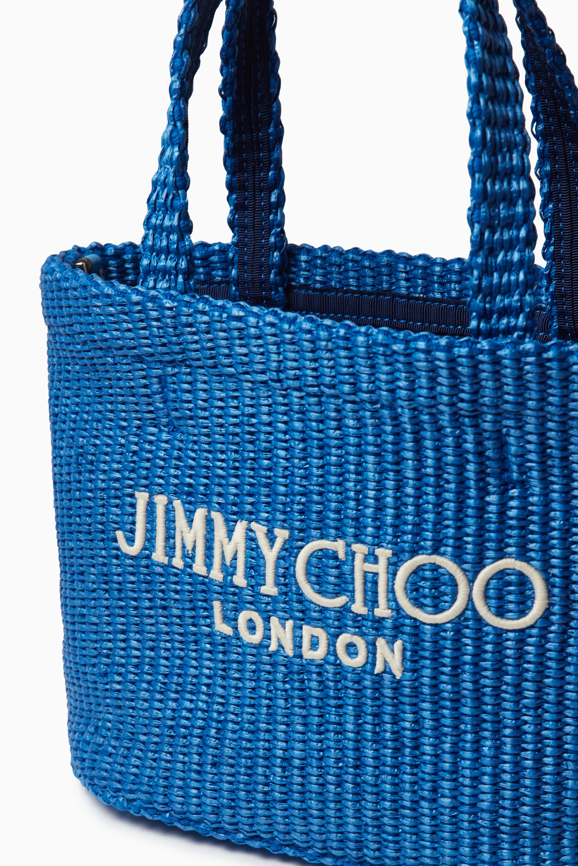Buy Jimmy Choo Blue Mini Beach Tote Bag in Raffia For Women Online