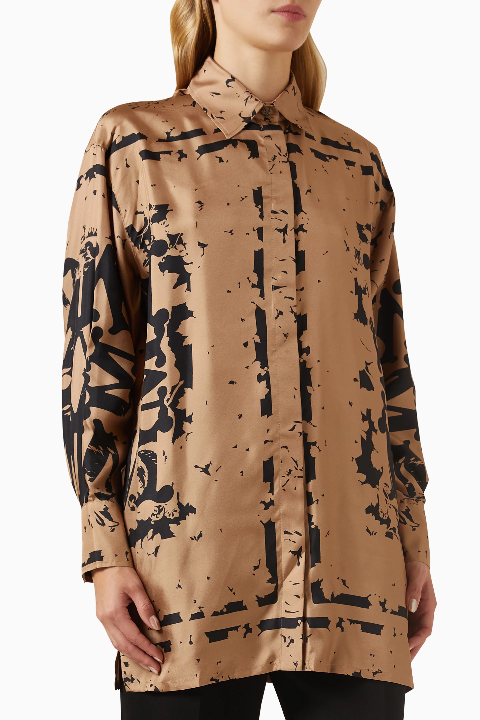 48】MASU FUR こもれ PRINT SILK SHIRTS - BROWN