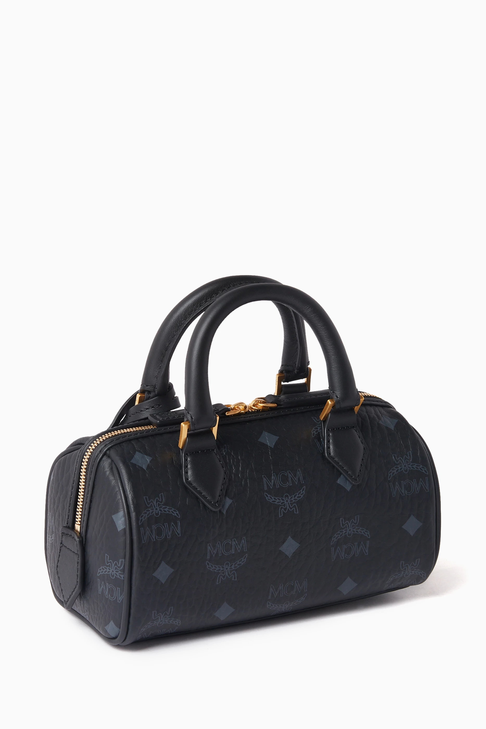 Buy MCM Black Mini Boston Bag in Visetos Canvas For Women Online
