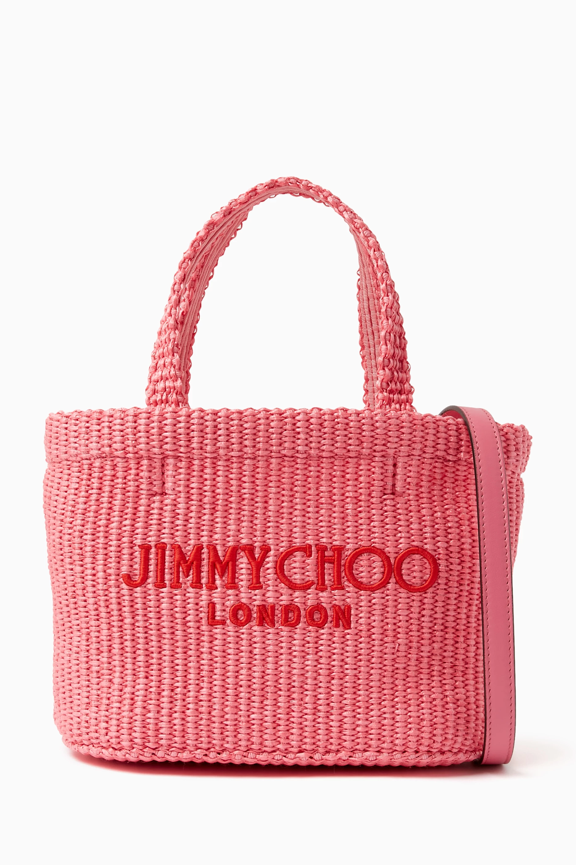 Buy Jimmy Choo Pink Mini Beach Tote Bag in Raffia For Women Online
