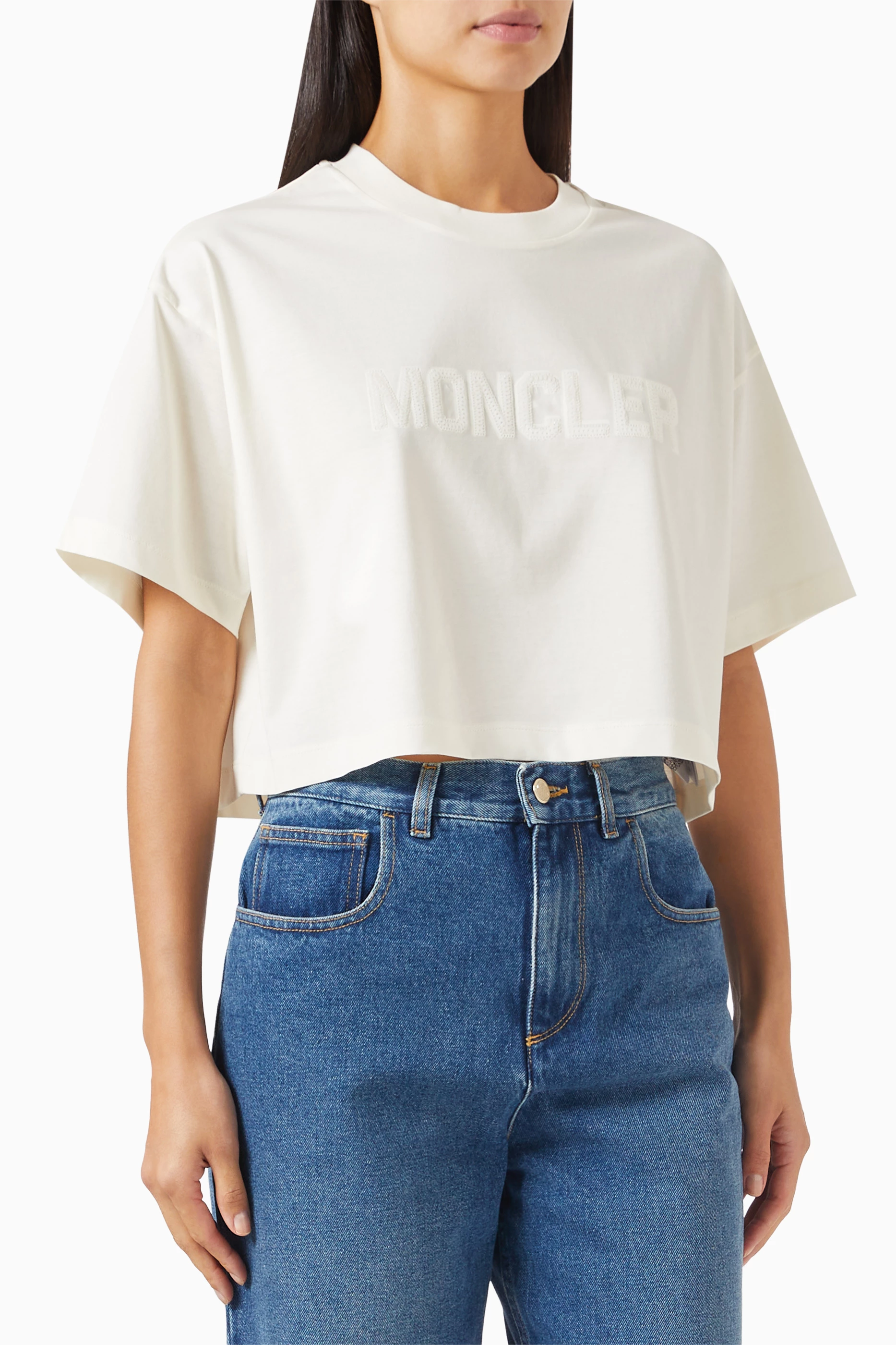 Buy Moncler Neutral Logo Crop T shirt in Cotton jersey For Women Online Ounass Saudi