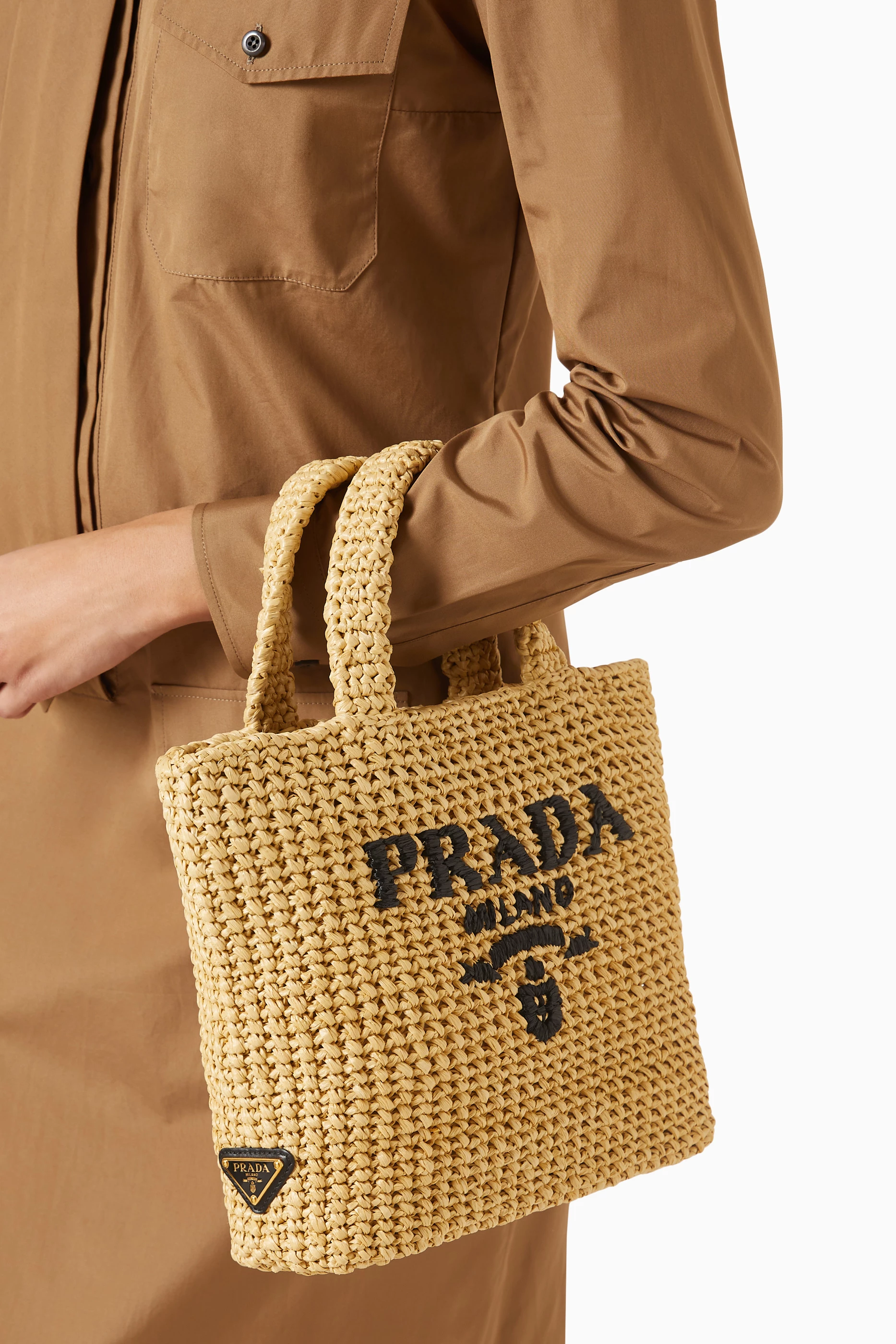 Buy Prada Neutral Small Logo Crochet Tote Bag For Women Online