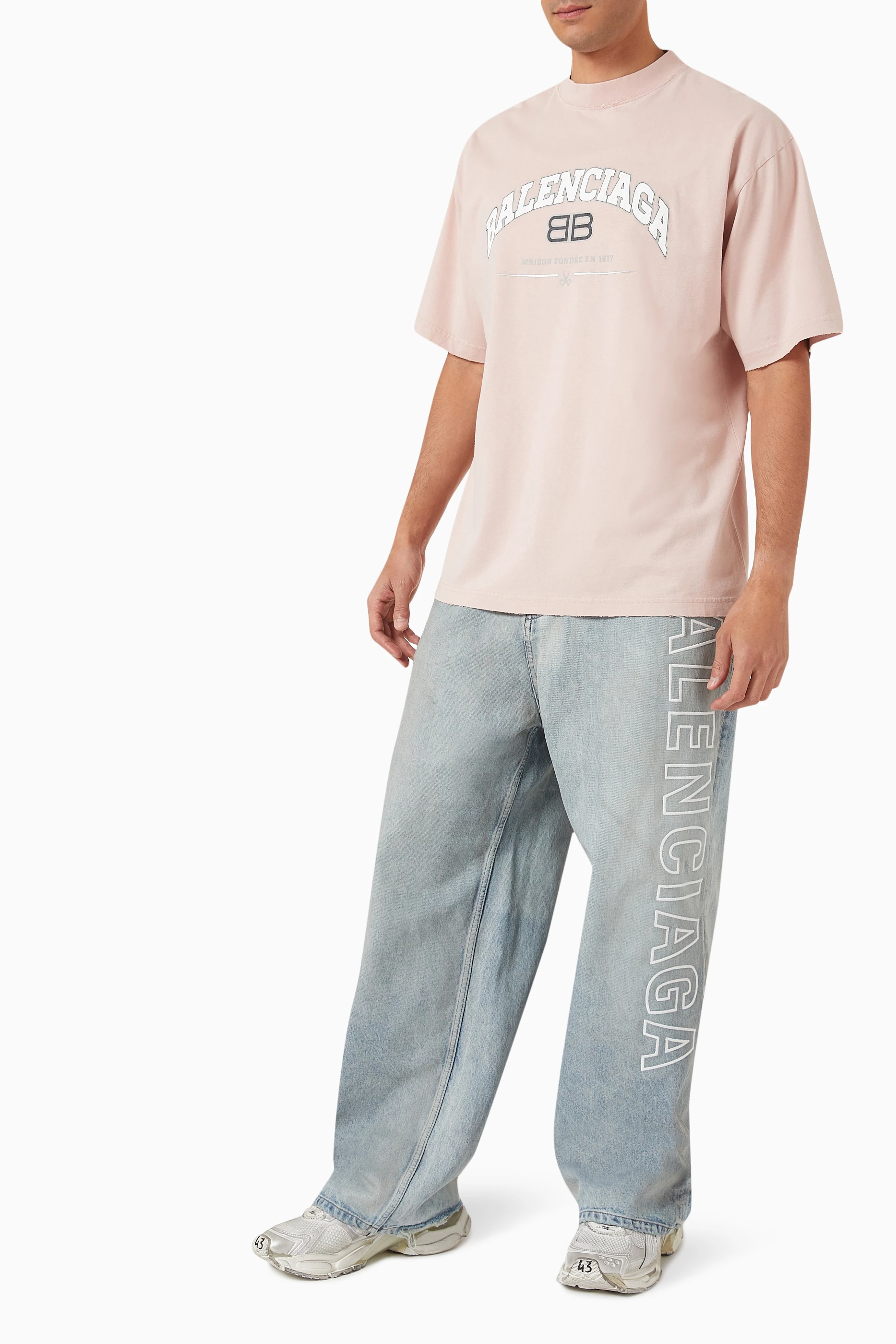 Buy Balenciaga Blue Outline Logo Baggy Pants In Denim For Men 