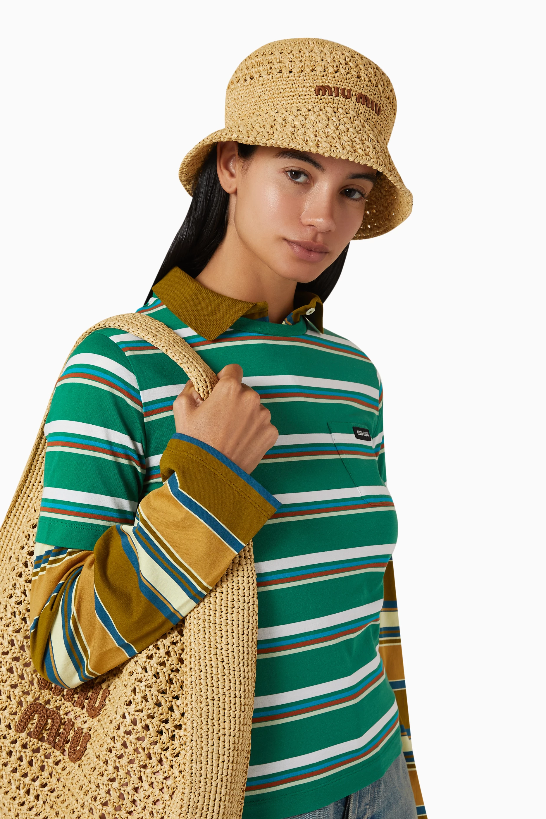 Buy Miu Miu Neutral Logo-embroidered Bucket Hat in Raffia 