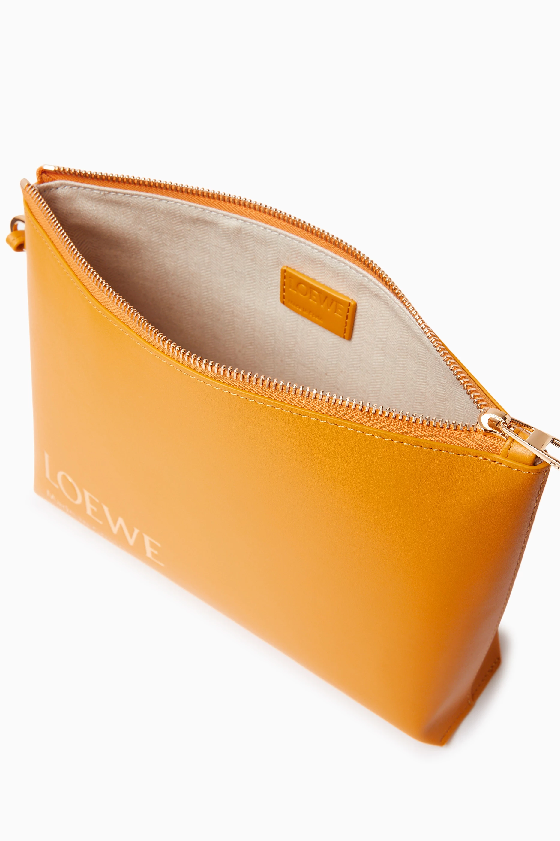 Buy LOEWE Yellow Embossed LOEWE T Pouch in Shiny Nappa Calfskin