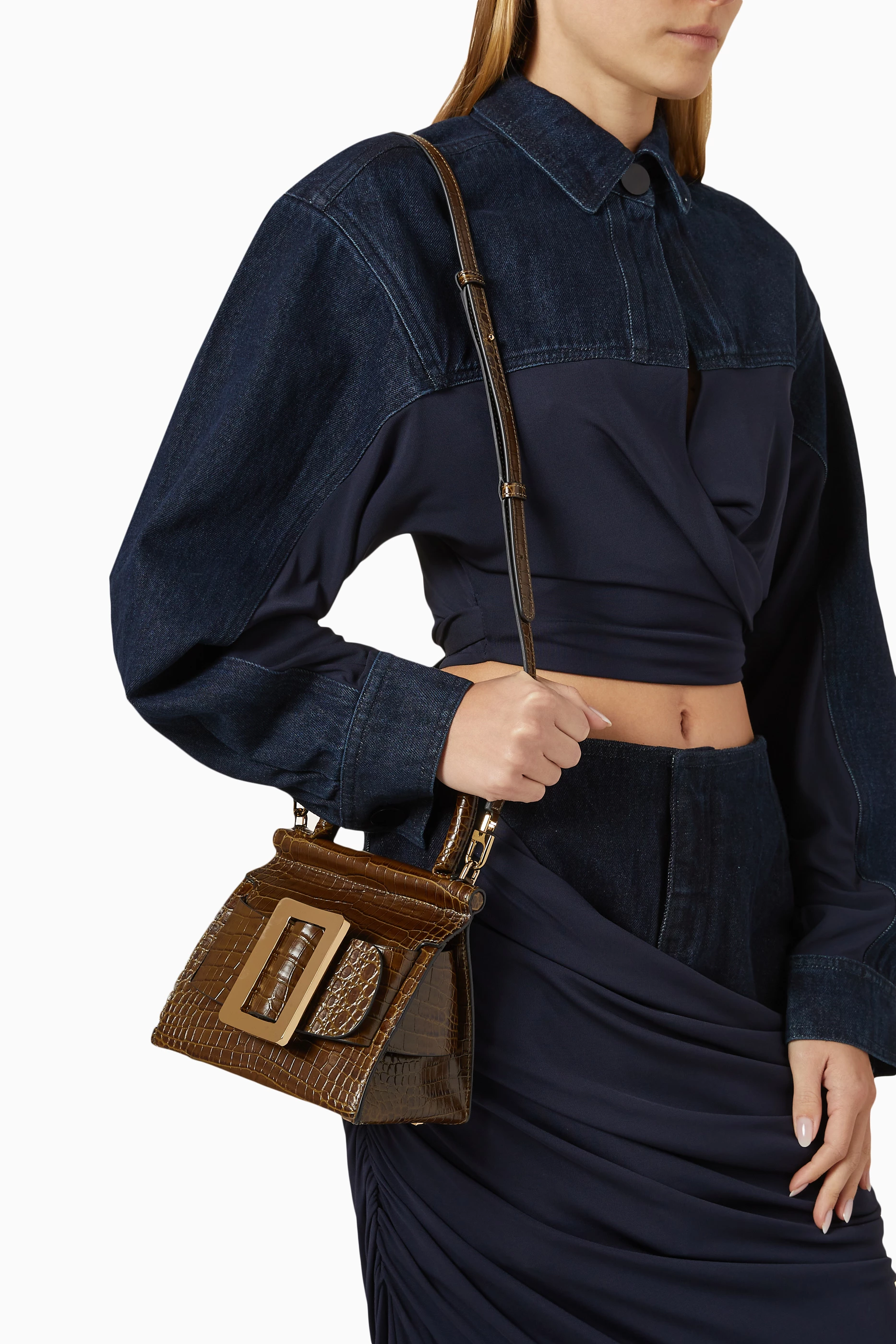 Buy BOYY Brown Karl 19 Top Handle Bag in Croc-embossed Calfskin