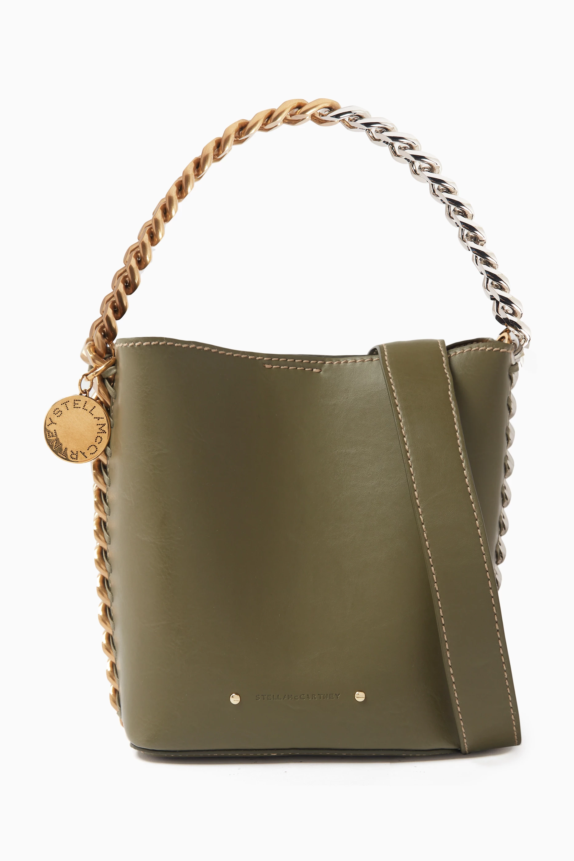 Buy Stella McCartney Green Small Frayme Bucket Bag in Smooth Alter