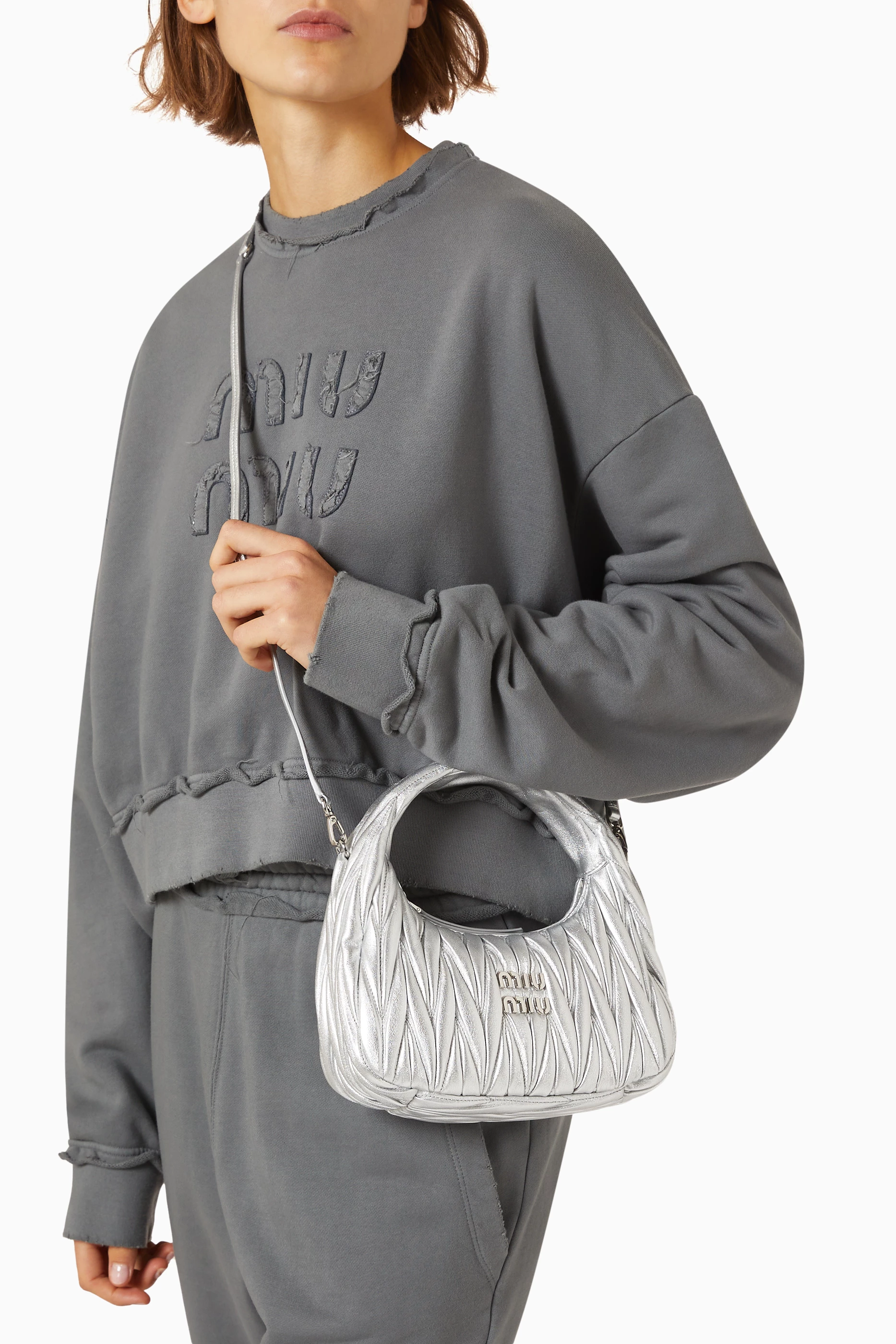 Buy Miu Miu Silver Mini Wander Hobo Bag in Metallic Matelassé